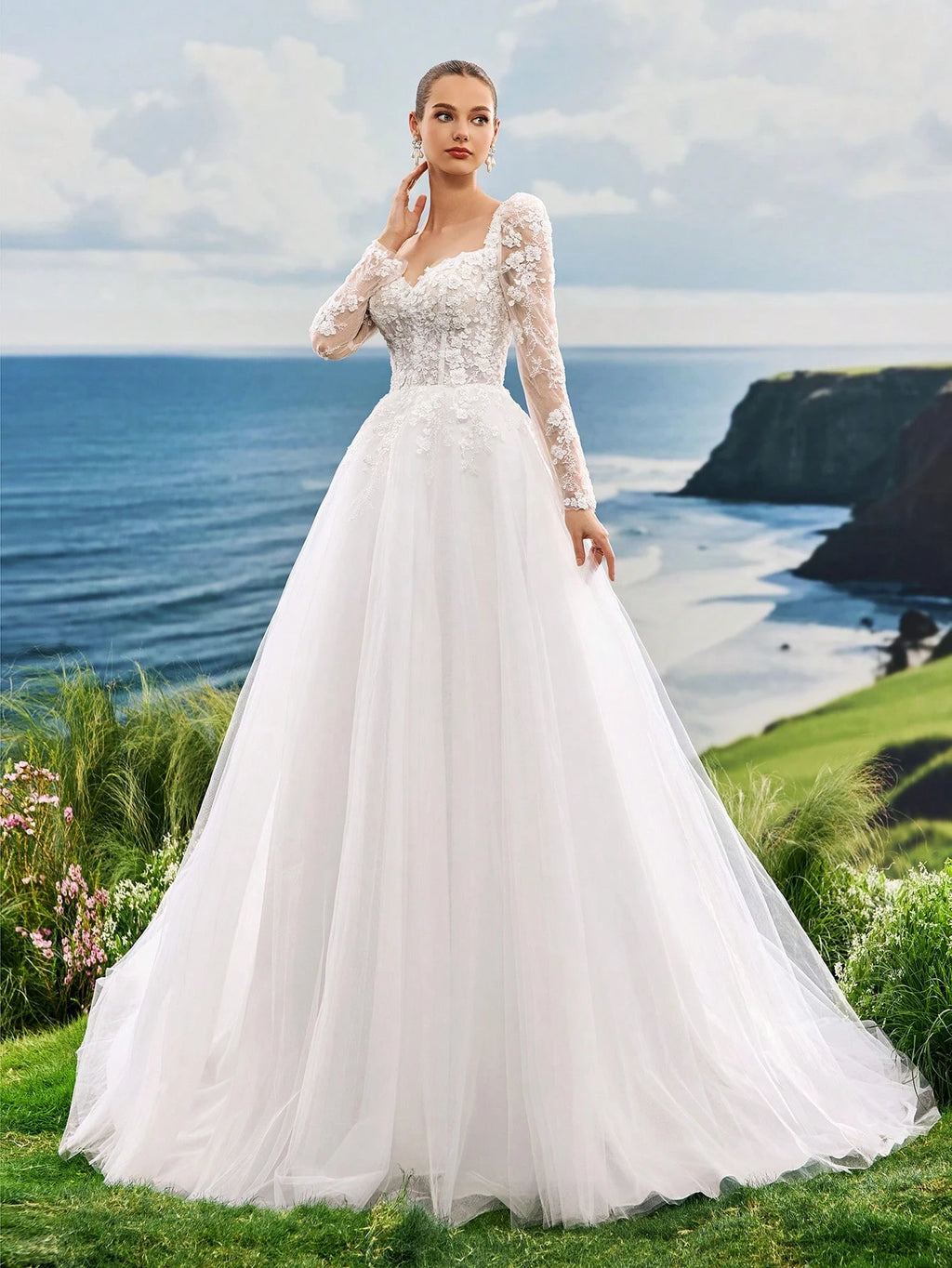 Sweetheart Neck Long Sleeve High-End Faux Pearl Embroidered Lace Heart-Shaped Collar A-Line Tulle Trailing - image 5
