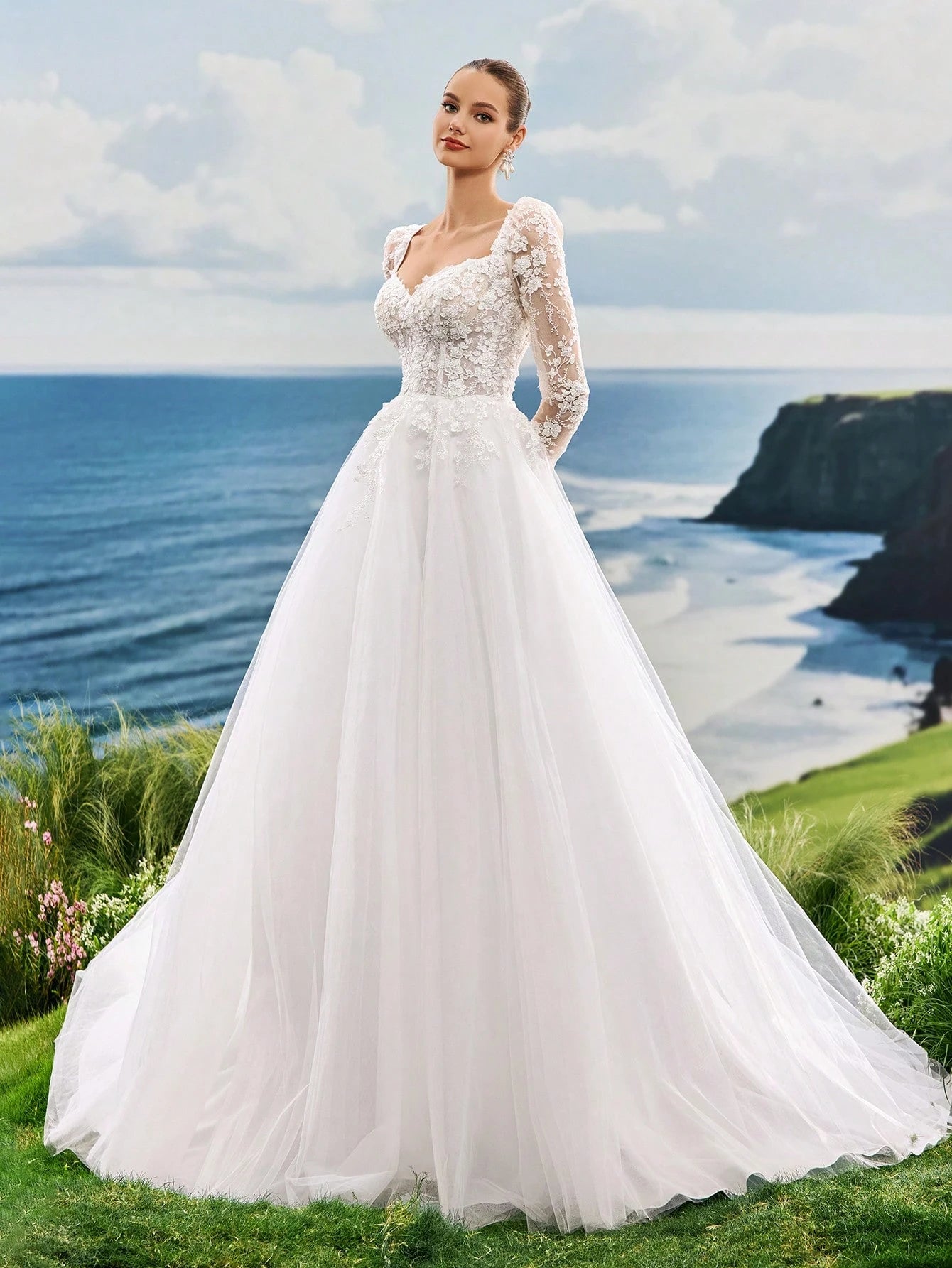Sweetheart Neck Long Sleeve High-End Faux Pearl Embroidered Lace Heart-Shaped Collar A-Line Tulle Trailing - image 7