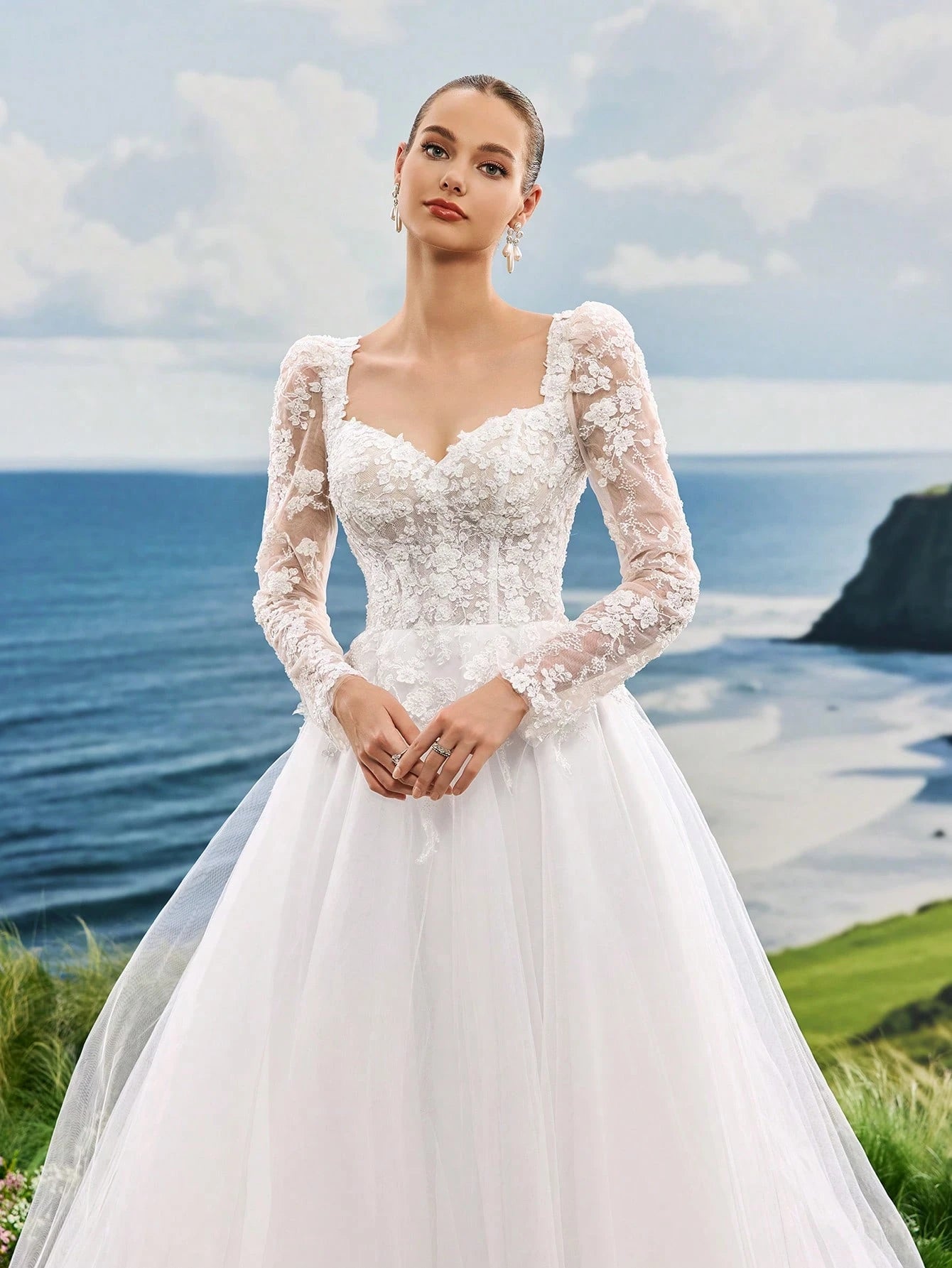 Sweetheart Neck Long Sleeve High-End Faux Pearl Embroidered Lace Heart-Shaped Collar A-Line Tulle Trailing - image 4