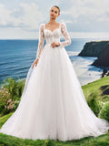 Sweetheart Neck Long Sleeve High-End Faux Pearl Embroidered Lace Heart-Shaped Collar A-Line Tulle Trailing