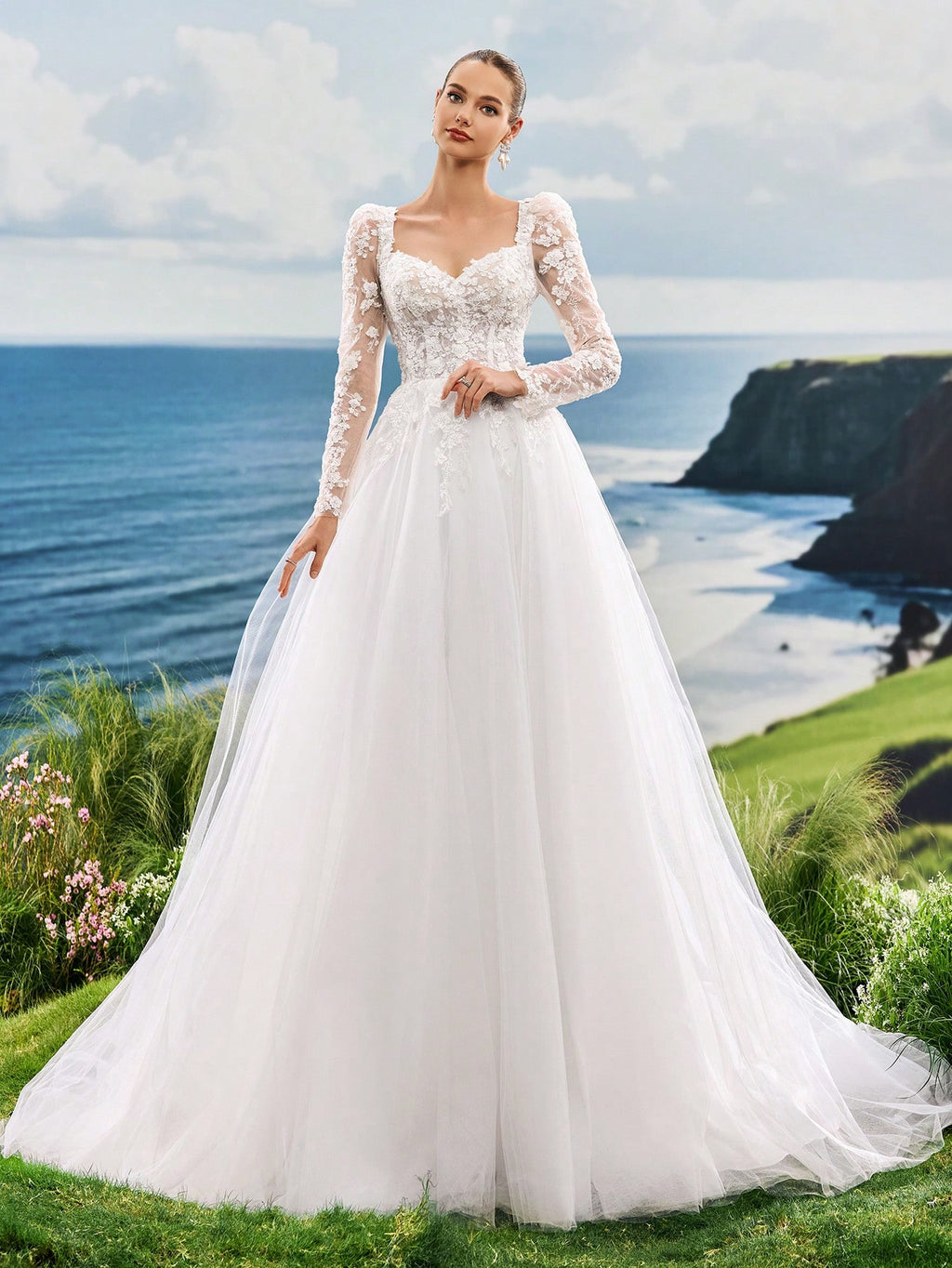 Shoulder Long Sleeved High-End Pearl Embroidered Lace Heart-Shaped Collar Aline Mesh Trailing Wedding Dress