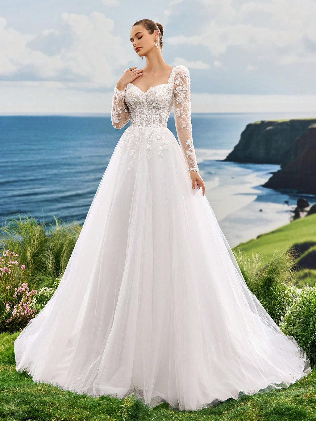 Sweetheart Neck Long Sleeve High-End Faux Pearl Embroidered Lace Heart-Shaped Collar A-Line Tulle Trailing - image 6