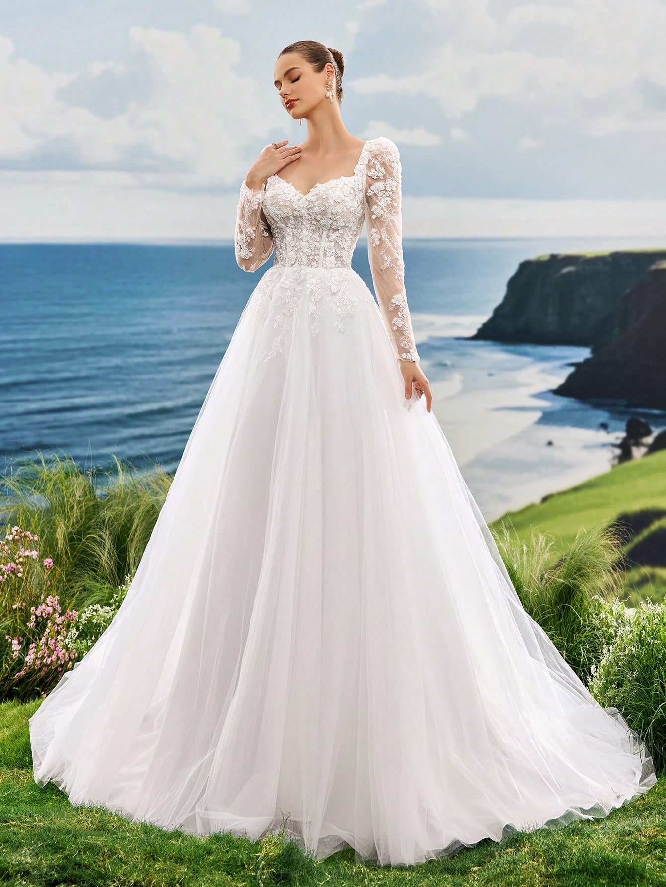 Shoulder Long Sleeved High-End Pearl Embroidered Lace Heart-Shaped Collar Aline Mesh Trailing Wedding Dress - image 6