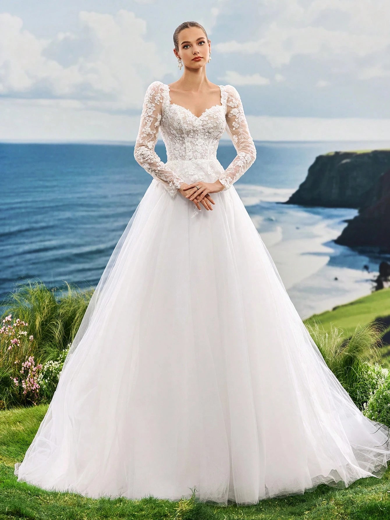 Elasola Shoulder Long Sleeved High-End Pearl Embroidered Lace Heart-Shaped Collar Aline Mesh Trailing Wedding - image 3