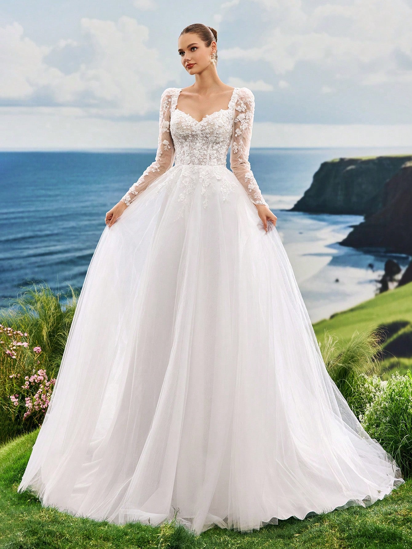 Sweetheart Neck Long Sleeve High-End Faux Pearl Embroidered Lace Heart-Shaped Collar A-Line Tulle Trailing - image 8