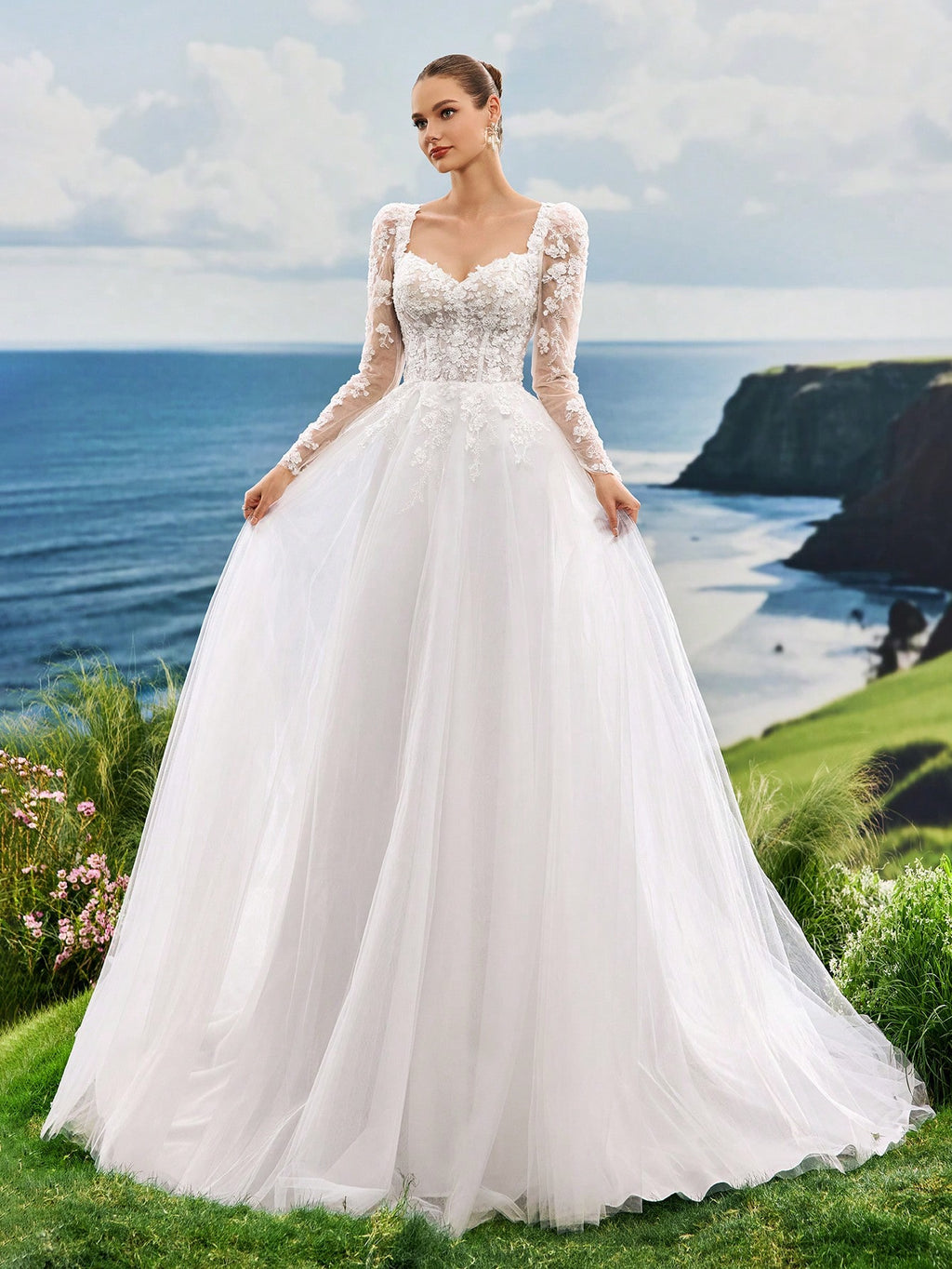 Elasola Shoulder Long Sleeved High-End Pearl Embroidered Lace Heart-Shaped Collar Aline Mesh Trailing Wedding - image 8