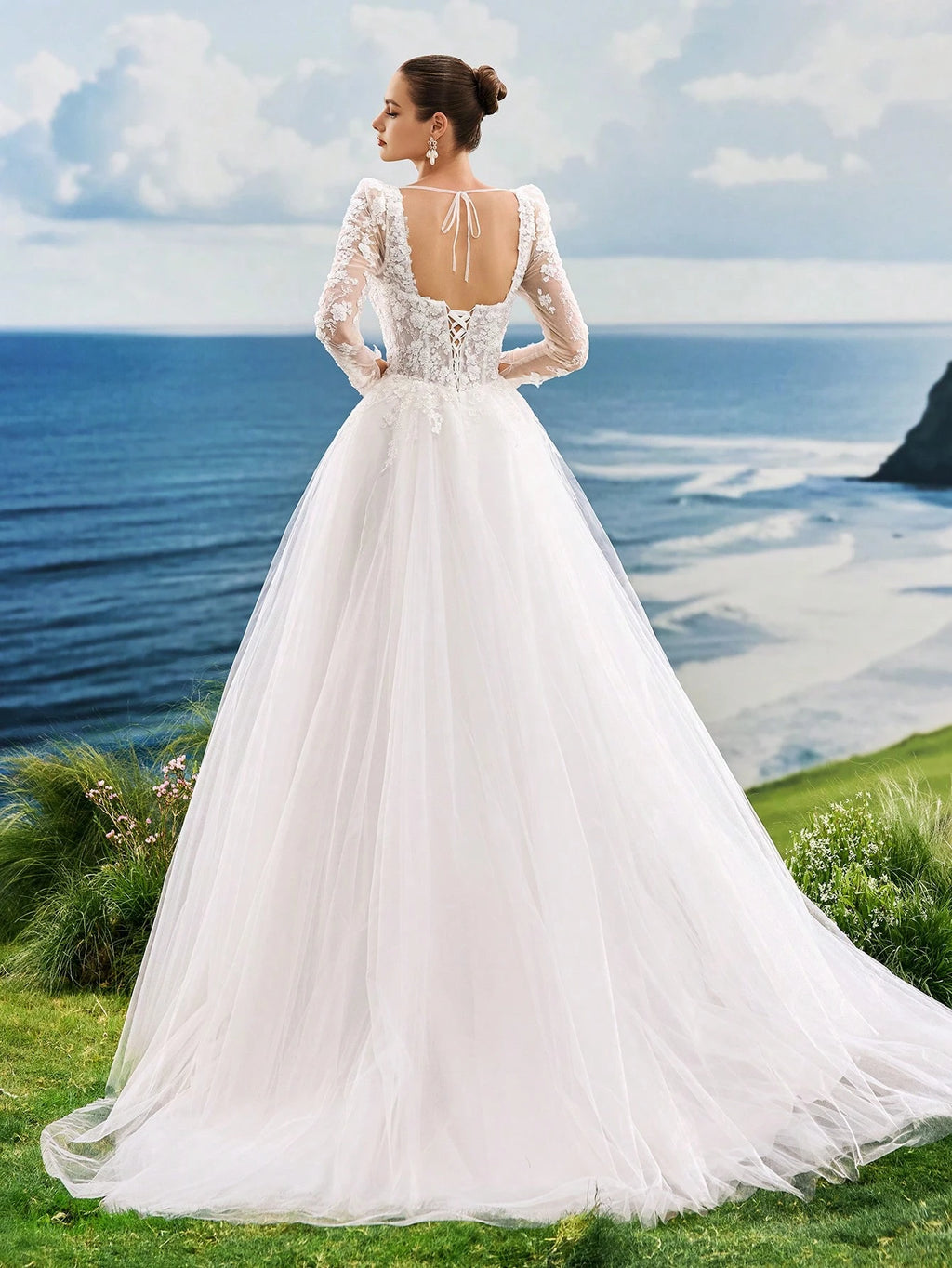 Sweetheart Neck Long Sleeve High-End Faux Pearl Embroidered Lace Heart-Shaped Collar A-Line Tulle Trailing - image 2
