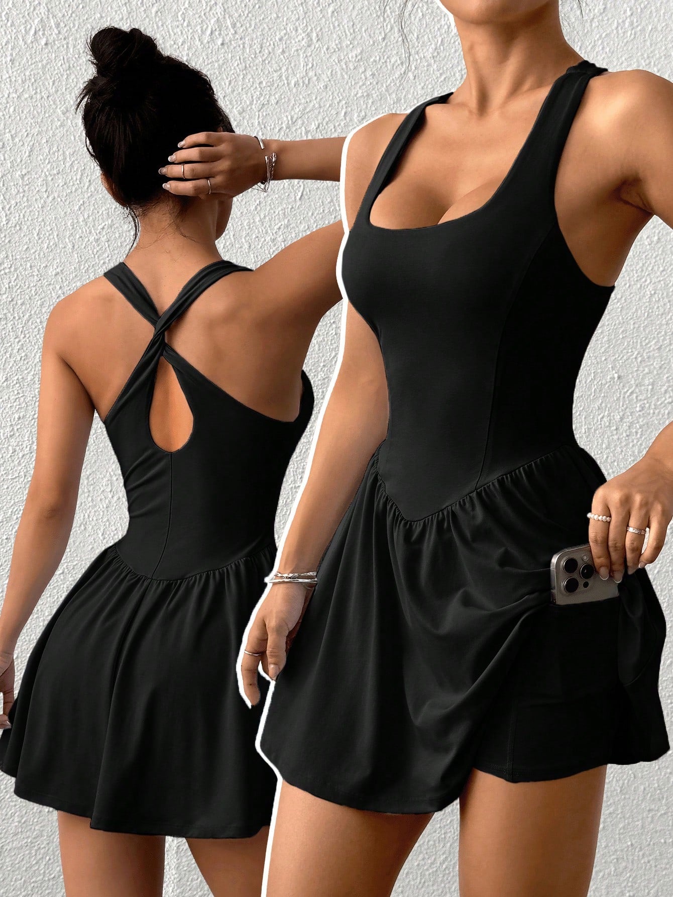 EZwear Solid Color Wide Strap Sporty Casual Dress With Attached Shorts
