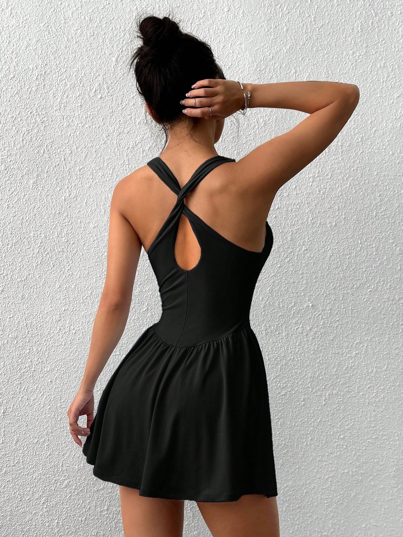 EZwear Solid Color Wide Strap Sporty Casual Dress With Attached Shorts
