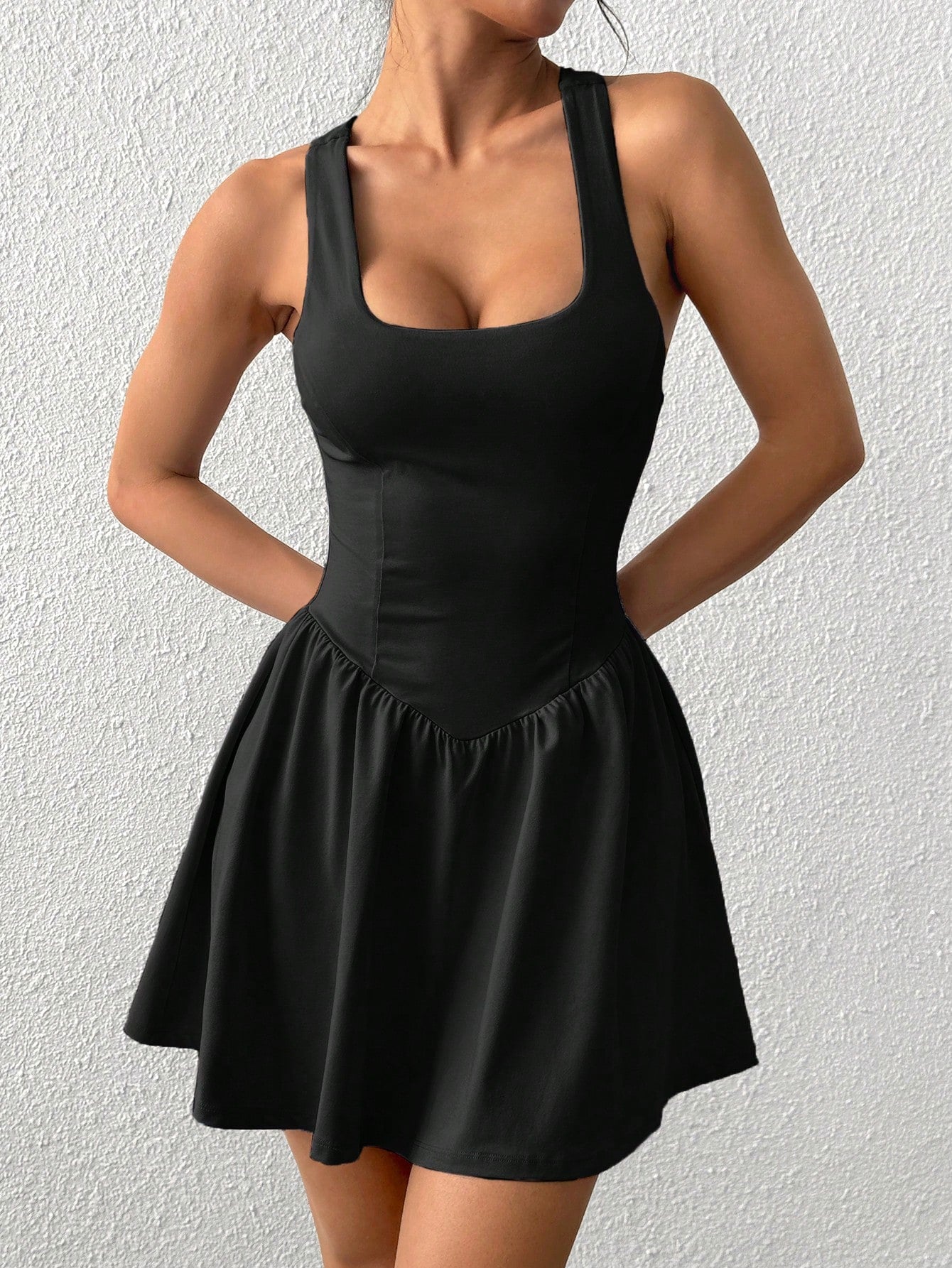 EZwear Solid Color Wide Strap Sporty Casual Dress With Attached Shorts
