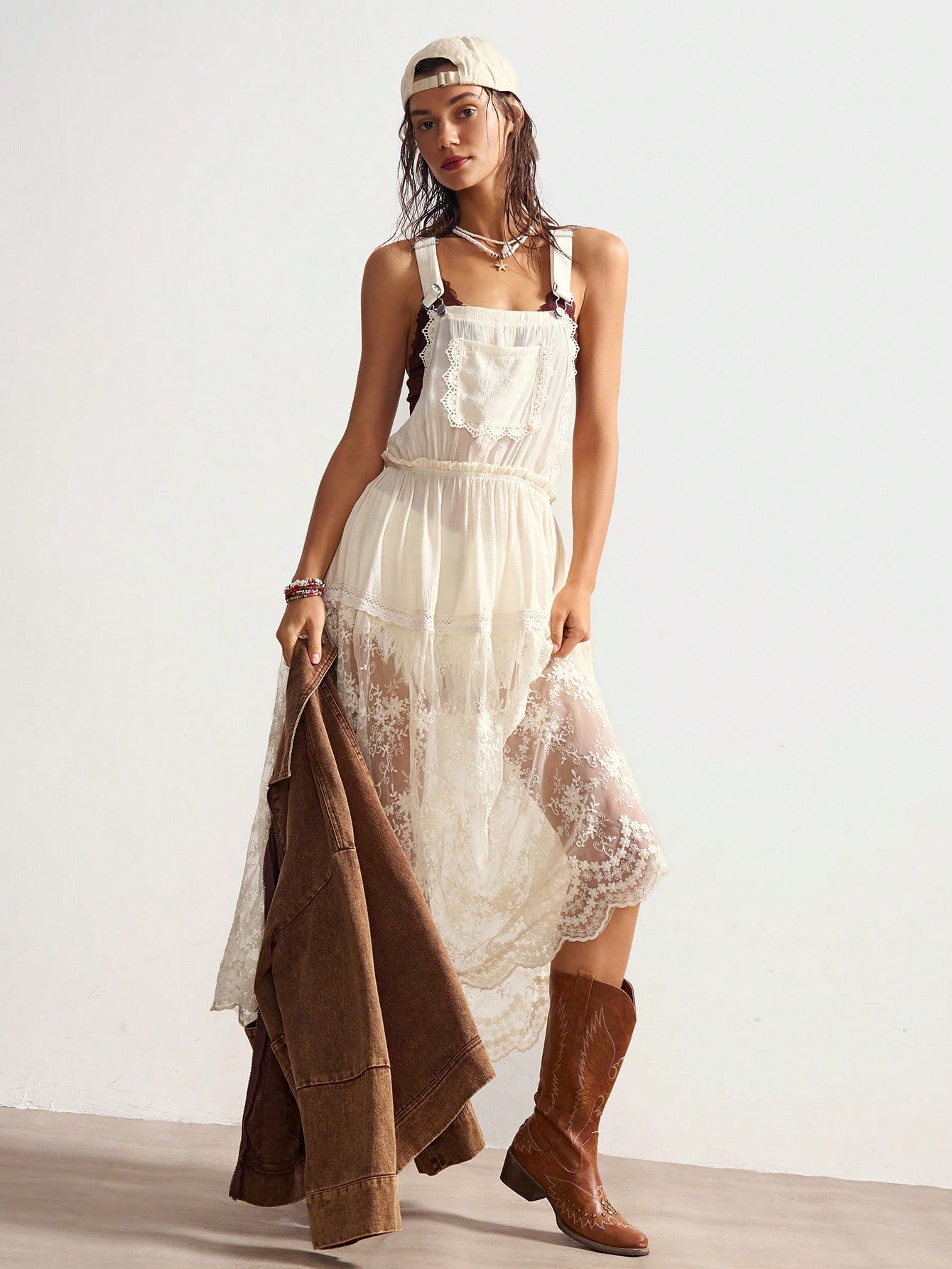 Bohemela Women's Casual Solid Color Woven Splice Lace Trim Loose Cami