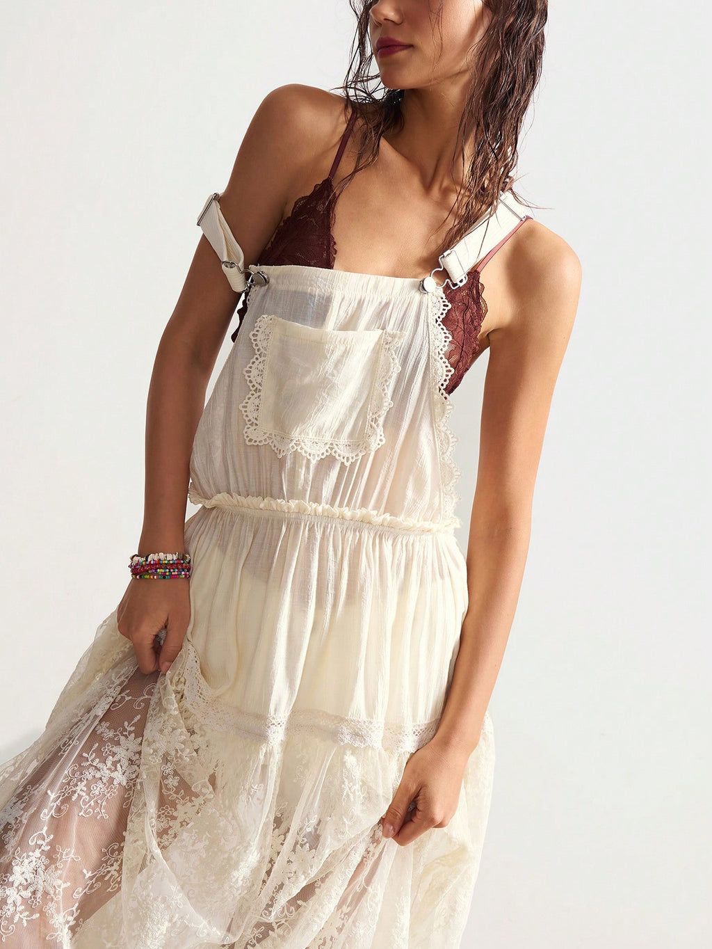 Bohemela Women's Casual Solid Color Woven Splice Lace Trim Loose Cami