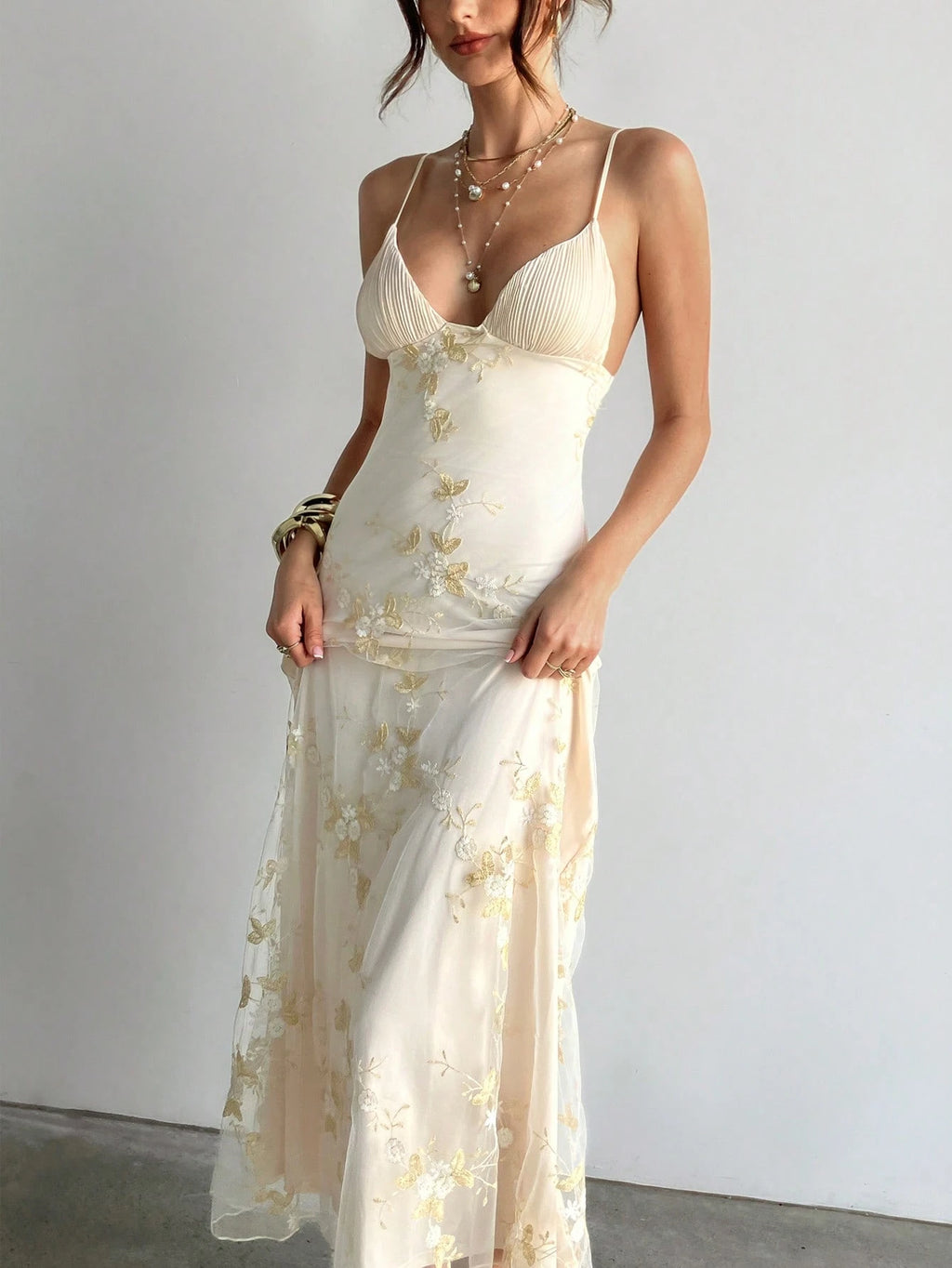 Aloruh Women's Elegant Deep V-Neck Ruched Bustier Embroidered Fitted