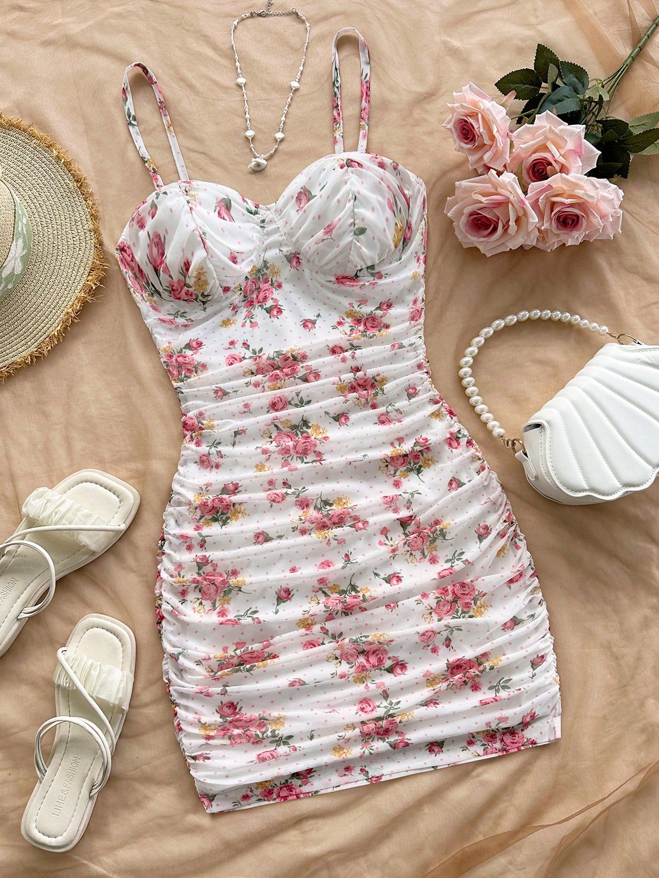 Soleia Vacation Ditsy Floral Ruched Strap Mini Dress, Suitable For Wearing Undergarment Or Outerwear Summer - image 11