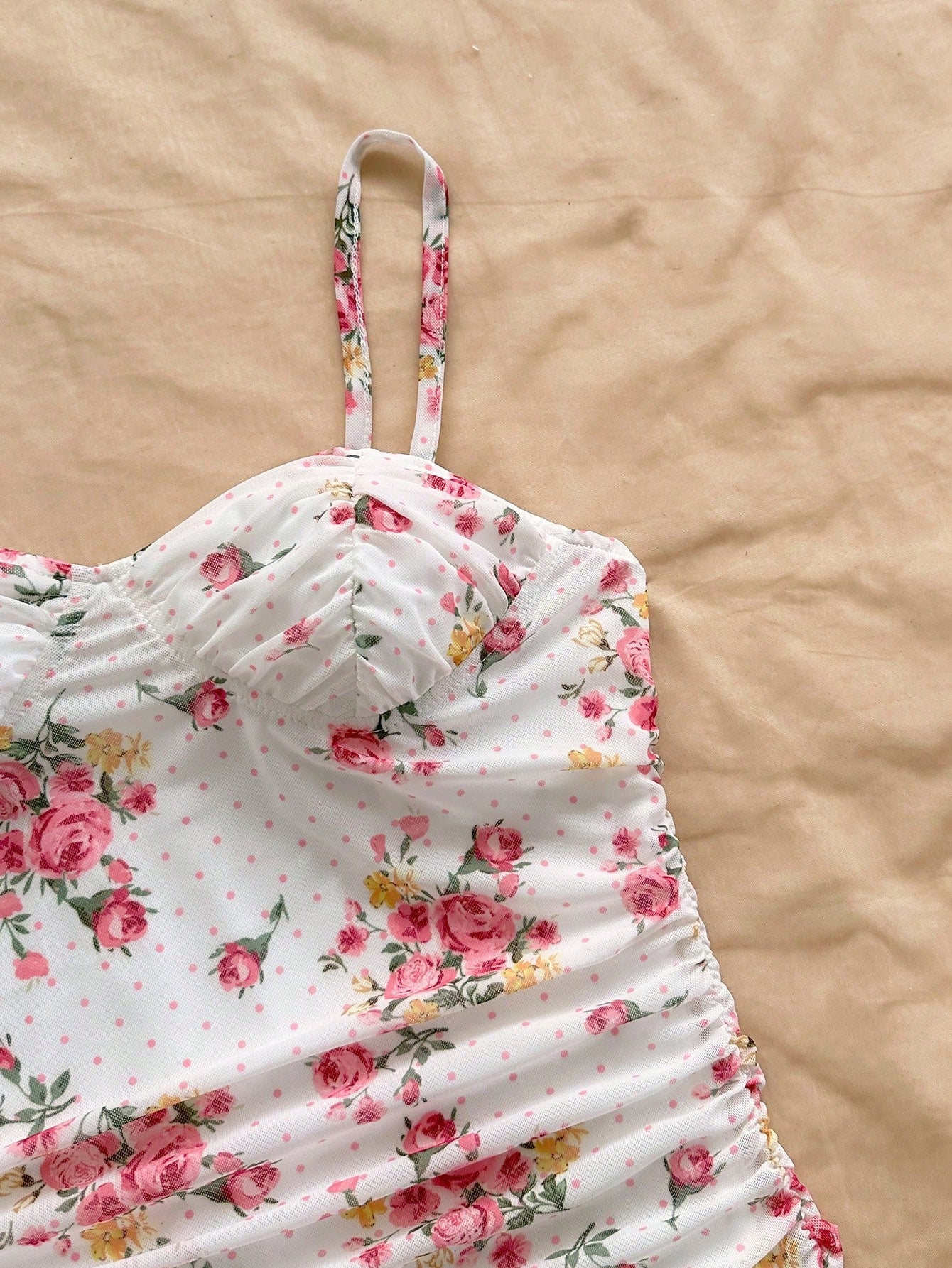 Soleia Vacation Ditsy Floral Ruched Strap Mini Dress, Suitable For Wearing Undergarment Or Outerwear Summer - image 13
