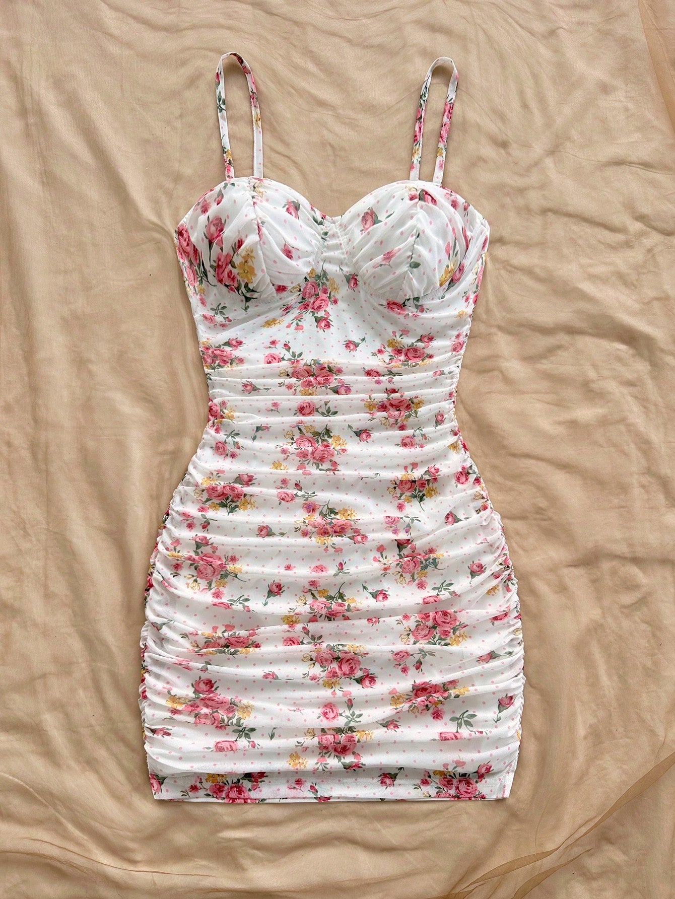 Soleia Vacation Ditsy Floral Ruched Strap Mini Dress, Suitable For Wearing Undergarment Or Outerwear Summer - image 15