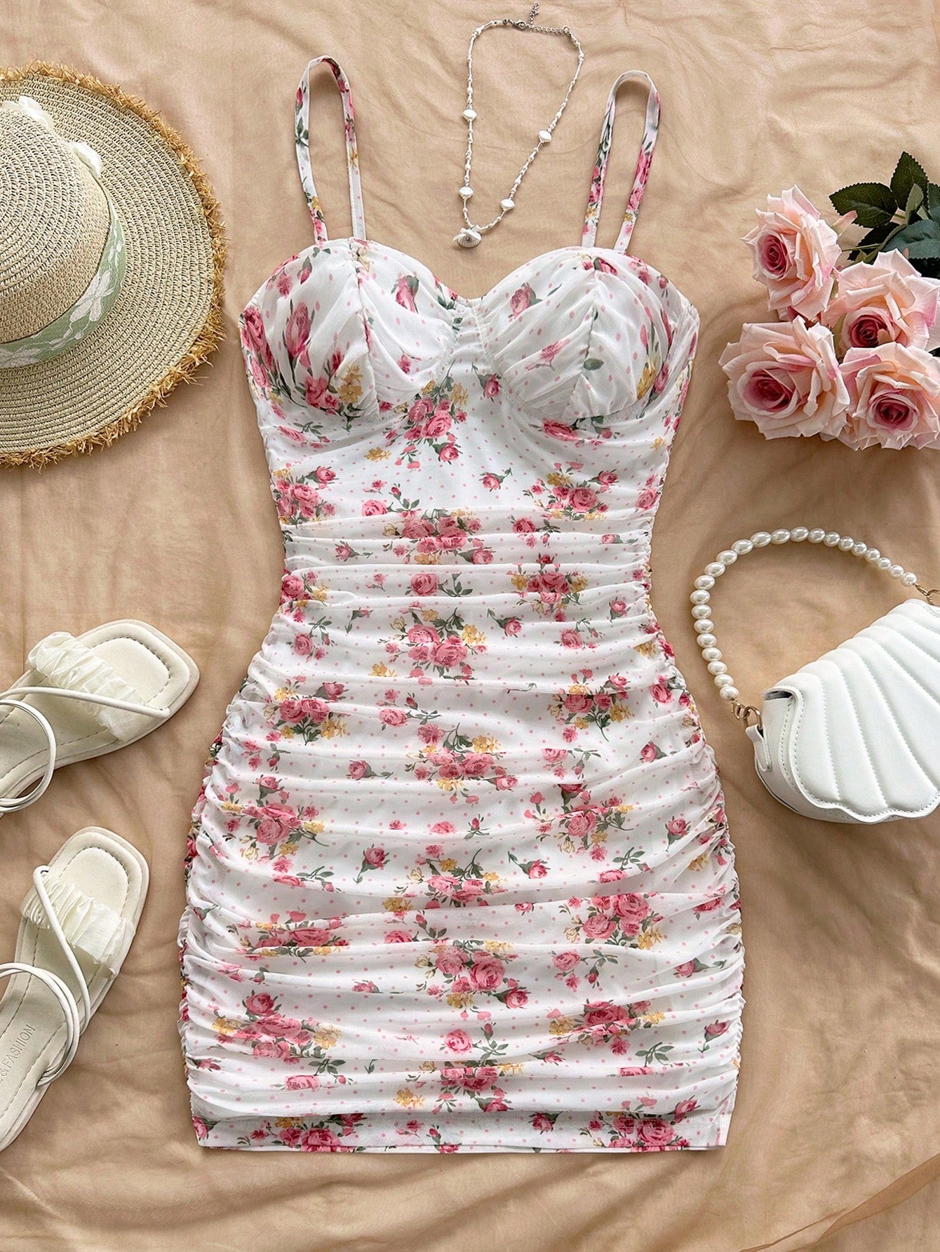 Soleia Vacation Ditsy Floral Ruched Strap Mini Dress, Suitable For Wearing Undergarment Or Outerwear Summer - image 16