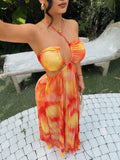 SXY Orange And Yellow Multi-Print Pleated Camisole Sun Dress Woman