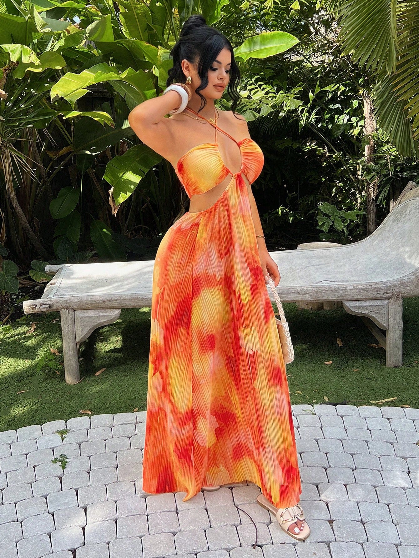 SXY Orange And Yellow Multi-Print Pleated Camisole Sun Dress Woman