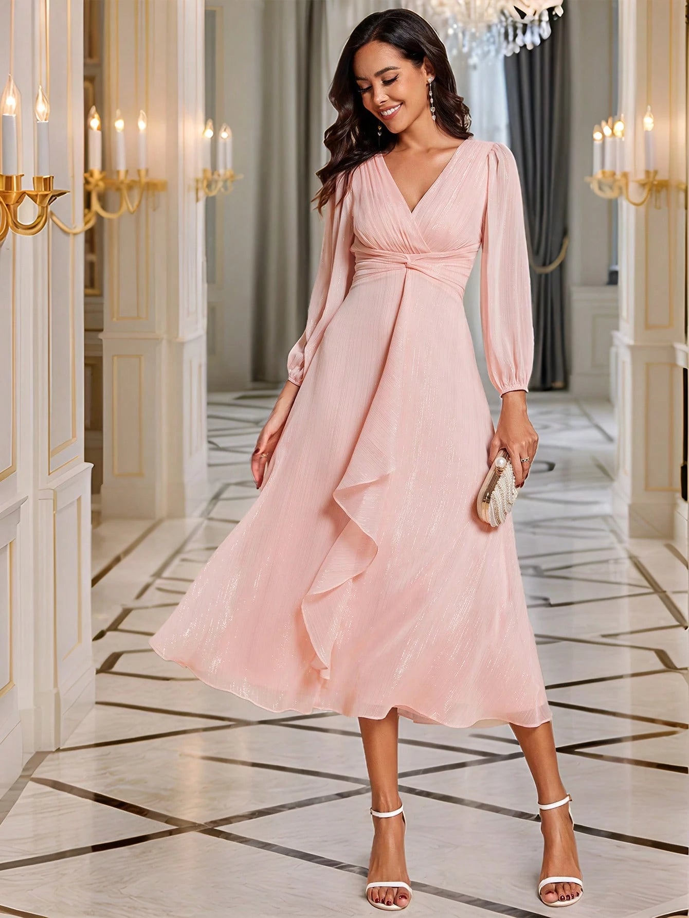 Women's Elegant V-Neck Long Sleeve Formal Dress, Shiny Twist Ruched