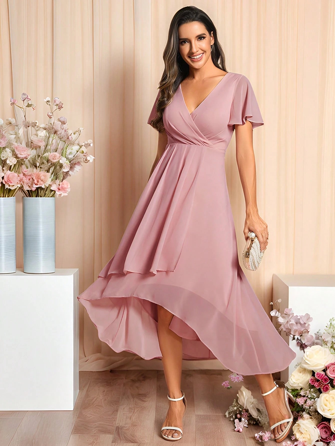 EVERPRETTY Elegant Ruffle Hem Contrast Color A-Line Mid-Length