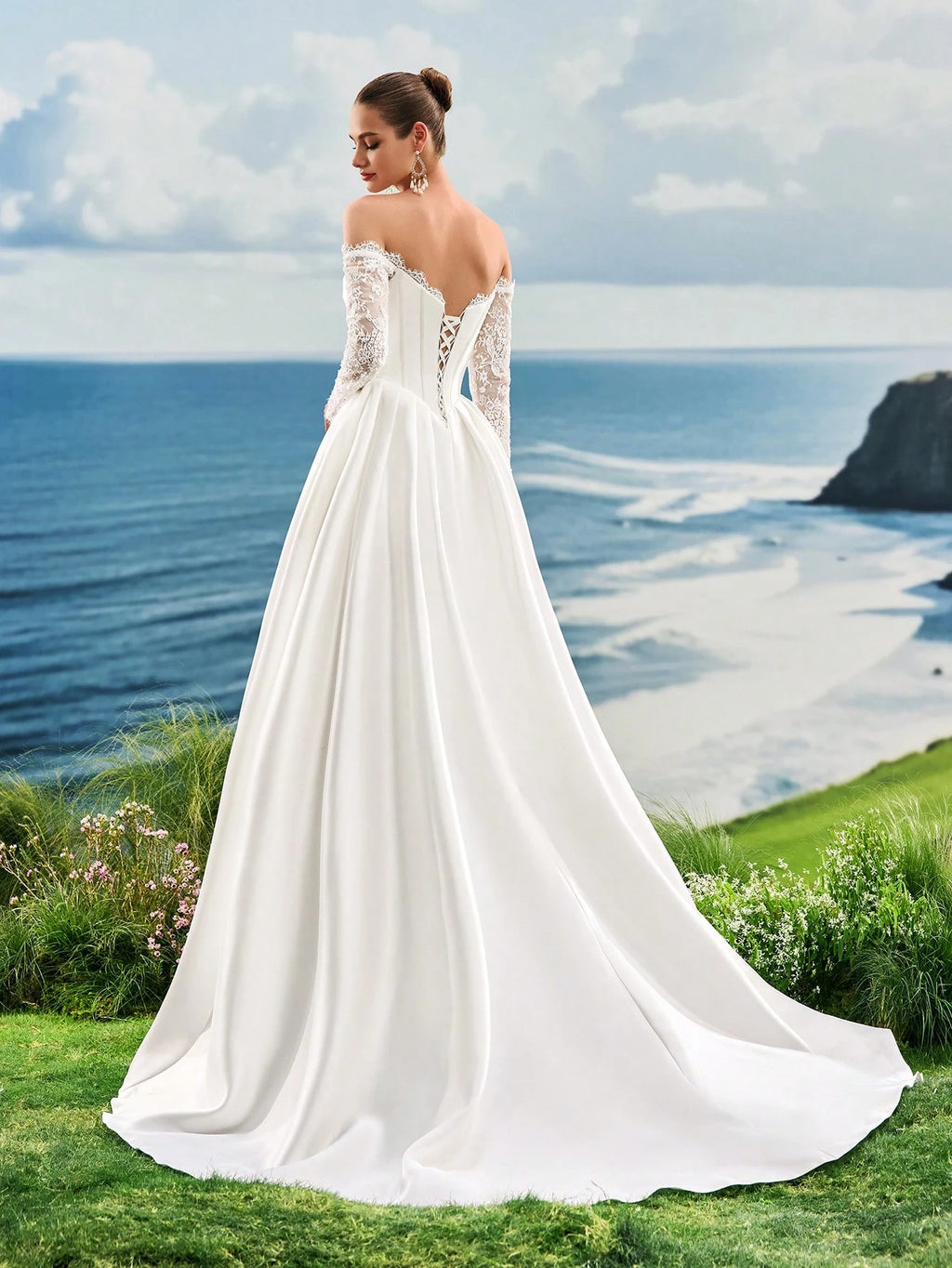 Lace Lace One Shoulder White Wedding Dress, Long Sleeved Wedding Dress, Slit Satin Wedding Dress, Trailing - image 2