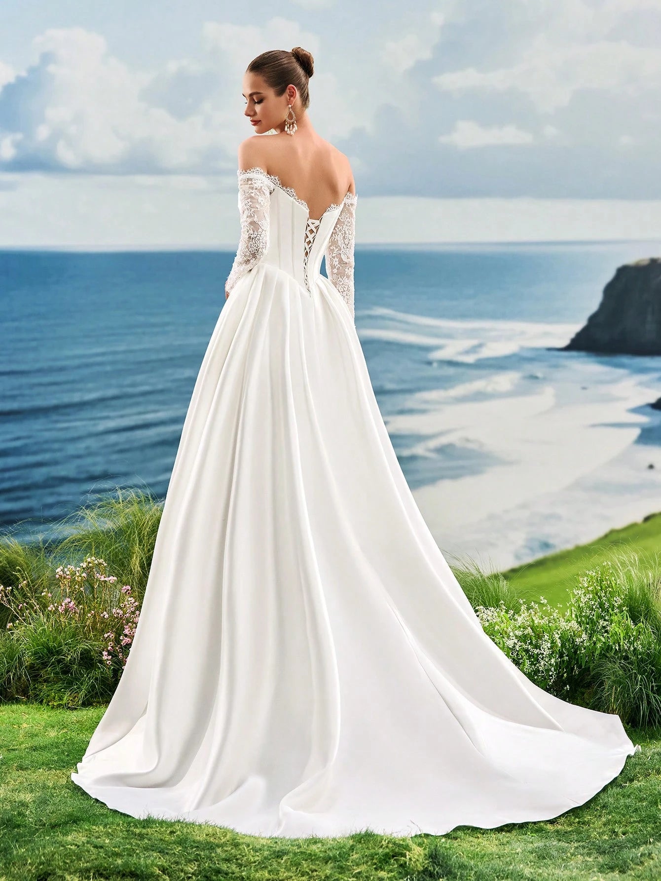Lace Lace One Shoulder White Wedding Dress, Long Sleeved Wedding Dress, Slit Satin Wedding Dress, Trailing - image 2
