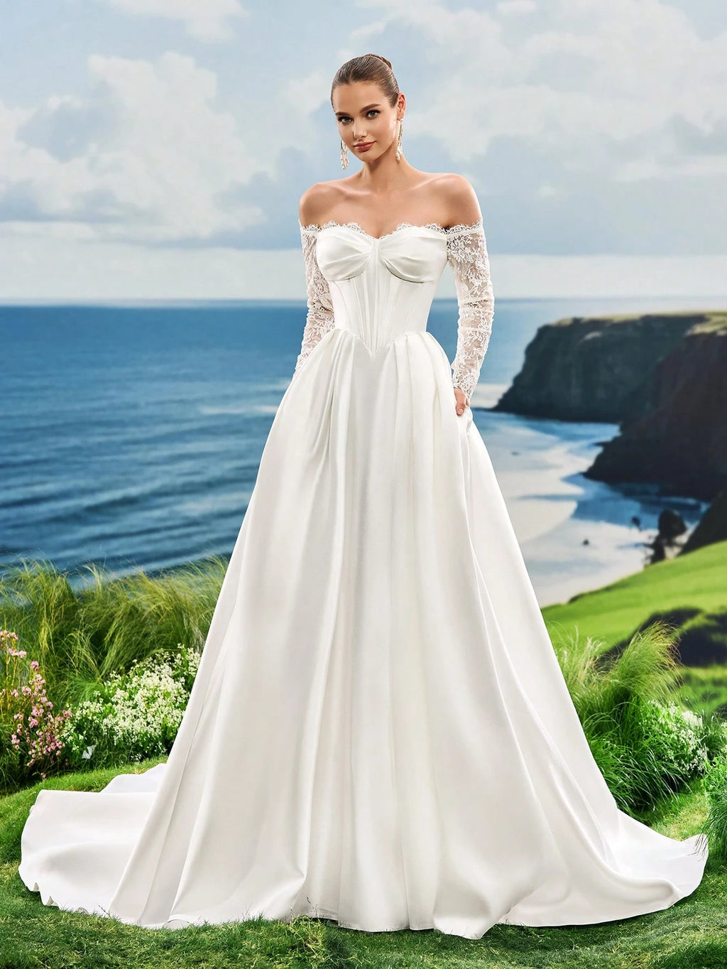 Lace Lace One Shoulder White Wedding Dress, Long Sleeved Wedding Dress, Slit Satin Wedding Dress, Trailing - image 4