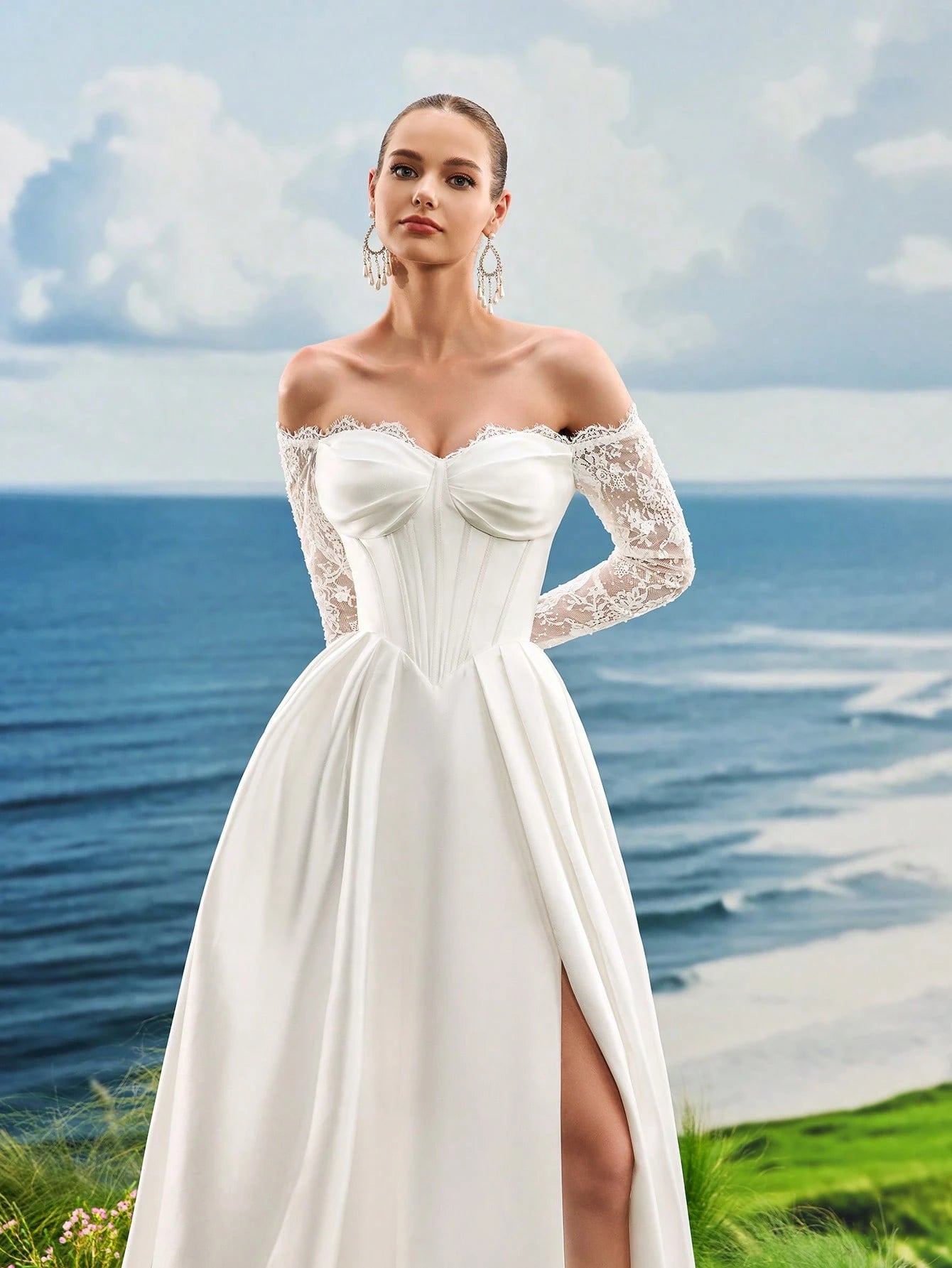 Lace Off Shoulder White Wedding Dress, Long Sleeve Wedding Dress, Satin Slit Wedding Dress, Train Wedding - image 8
