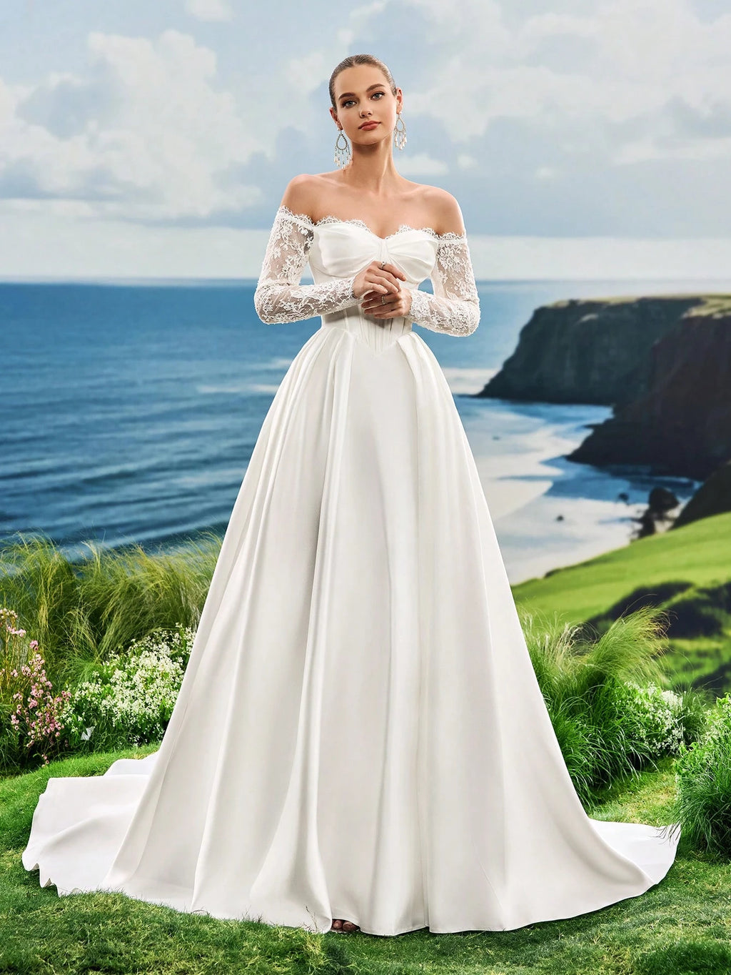 Lace Lace One Shoulder White Wedding Dress, Long Sleeved Wedding Dress, Slit Satin Wedding Dress, Trailing