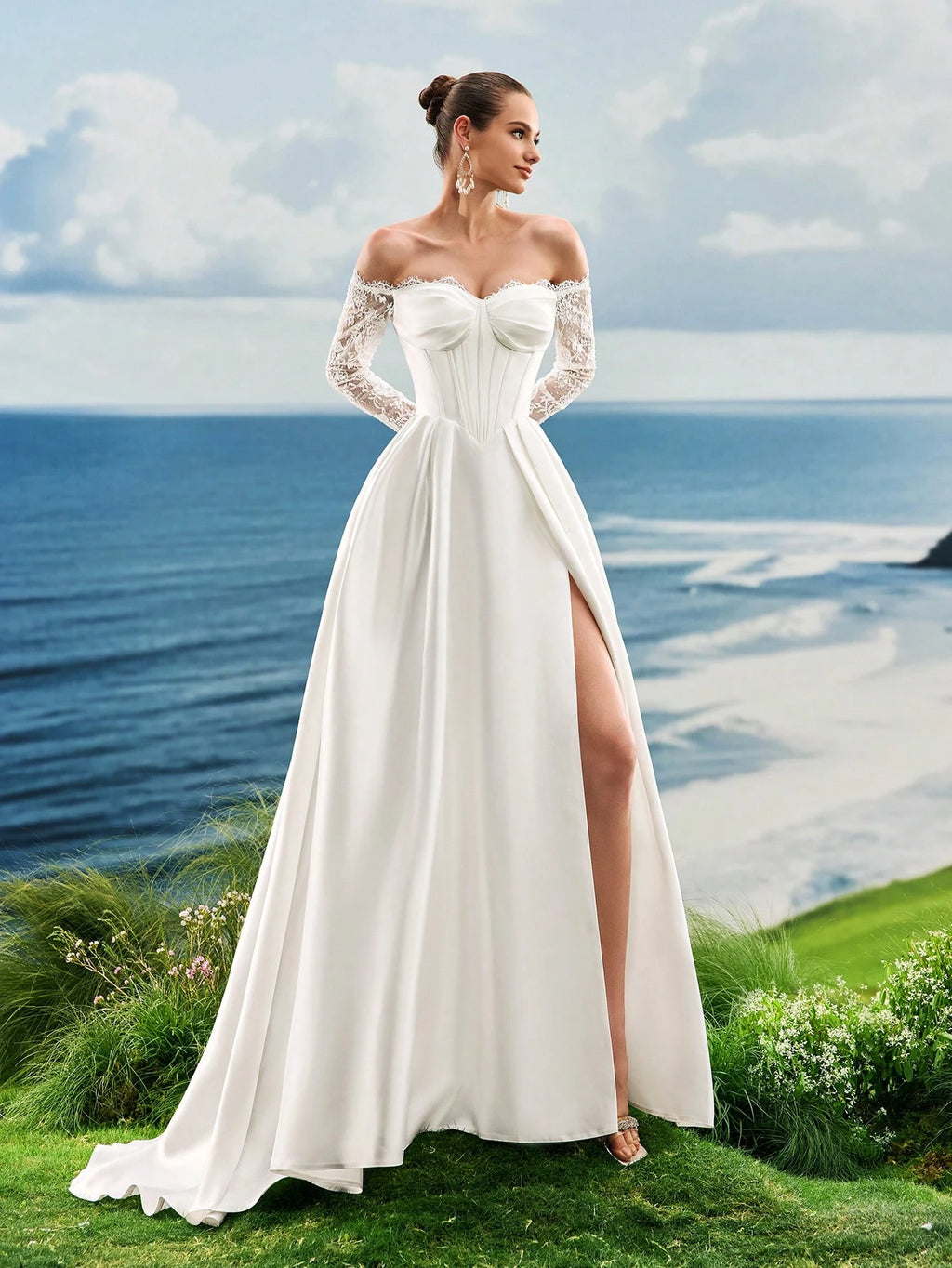 Lace Lace One Shoulder White Wedding Dress, Long Sleeved Wedding Dress, Slit Satin Wedding Dress, Trailing - image 7