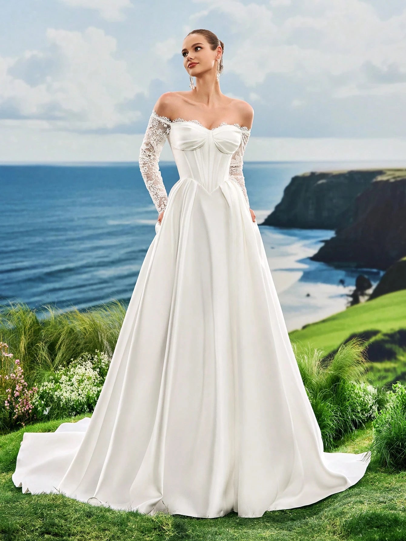 Lace Lace One Shoulder White Wedding Dress, Long Sleeved Wedding Dress, Slit Satin Wedding Dress, Trailing - image 3