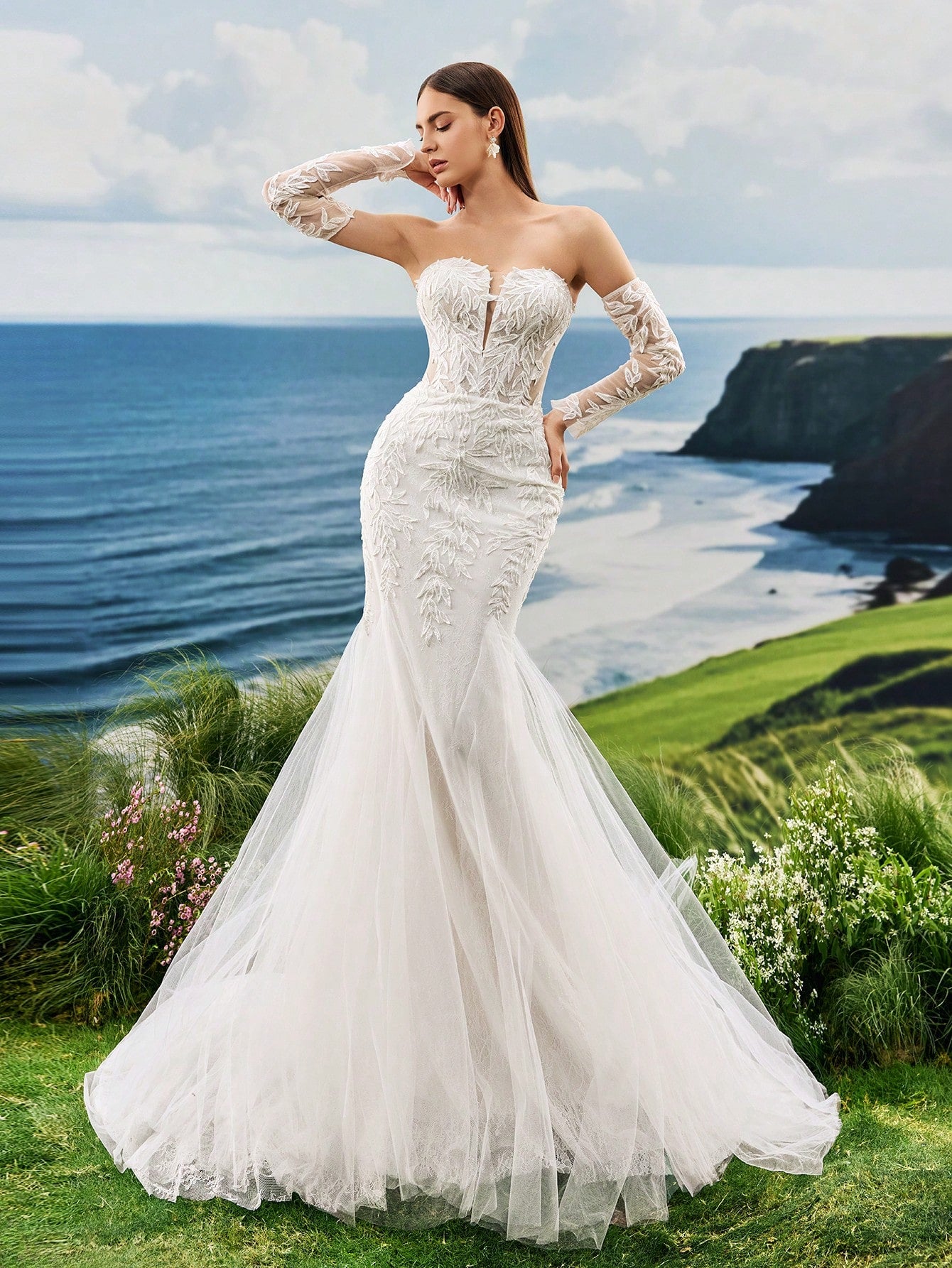 Elasola Strapless Small High-End Pearl Embroidered Lace Mermaid Trailing Long Sleeved Wedding Dress Gorgeous - image 4