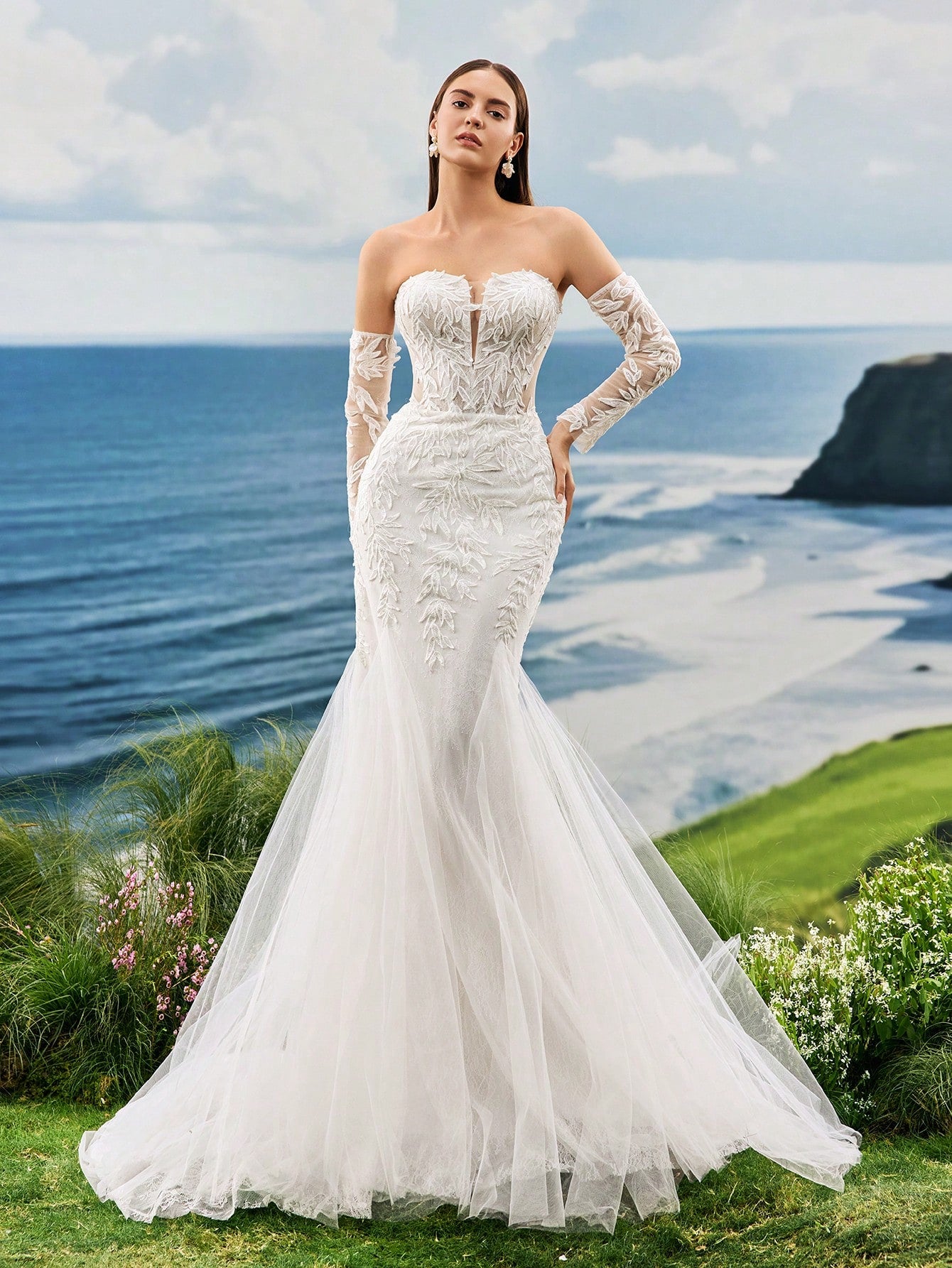 Elasola Strapless Small High-End Pearl Embroidered Lace Mermaid Trailing Long Sleeved Wedding Dress Gorgeous - image 3