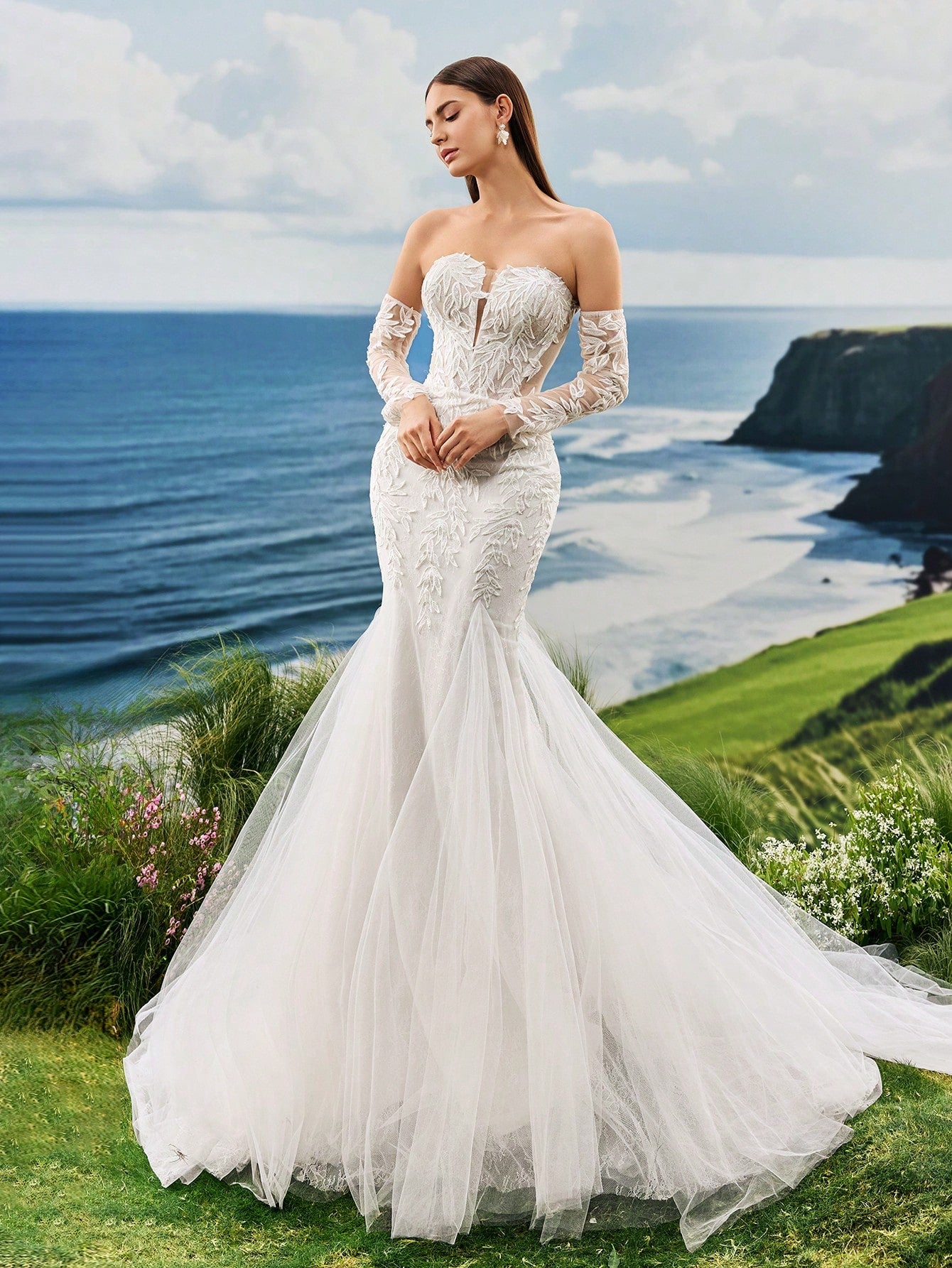Strapless Small High-End Pearl Embroidered Lace Mermaid Trailing Long Sleeved Wedding Dress Gorgeous Romantic - image 7