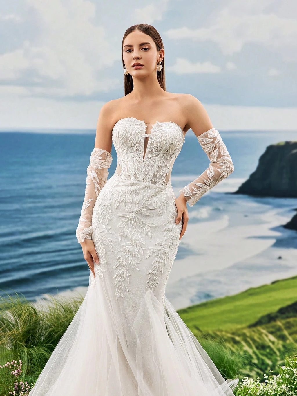 Strapless Small High-End Pearl Embroidered Lace Mermaid Trailing Long Sleeved Wedding Dress Gorgeous Romantic - image 5