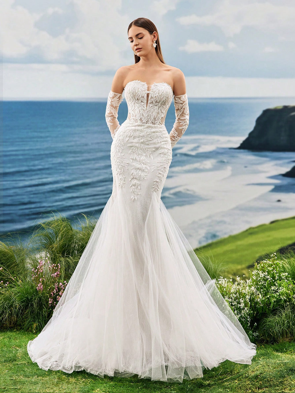 Strapless Small High-End Pearl Embroidered Lace Mermaid Trailing Long Sleeved Wedding Dress Gorgeous Romantic