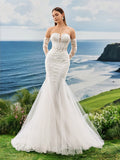 Strapless Small High-End Pearl Embroidered Lace Mermaid Trailing Long Sleeved Wedding Dress Gorgeous Romantic