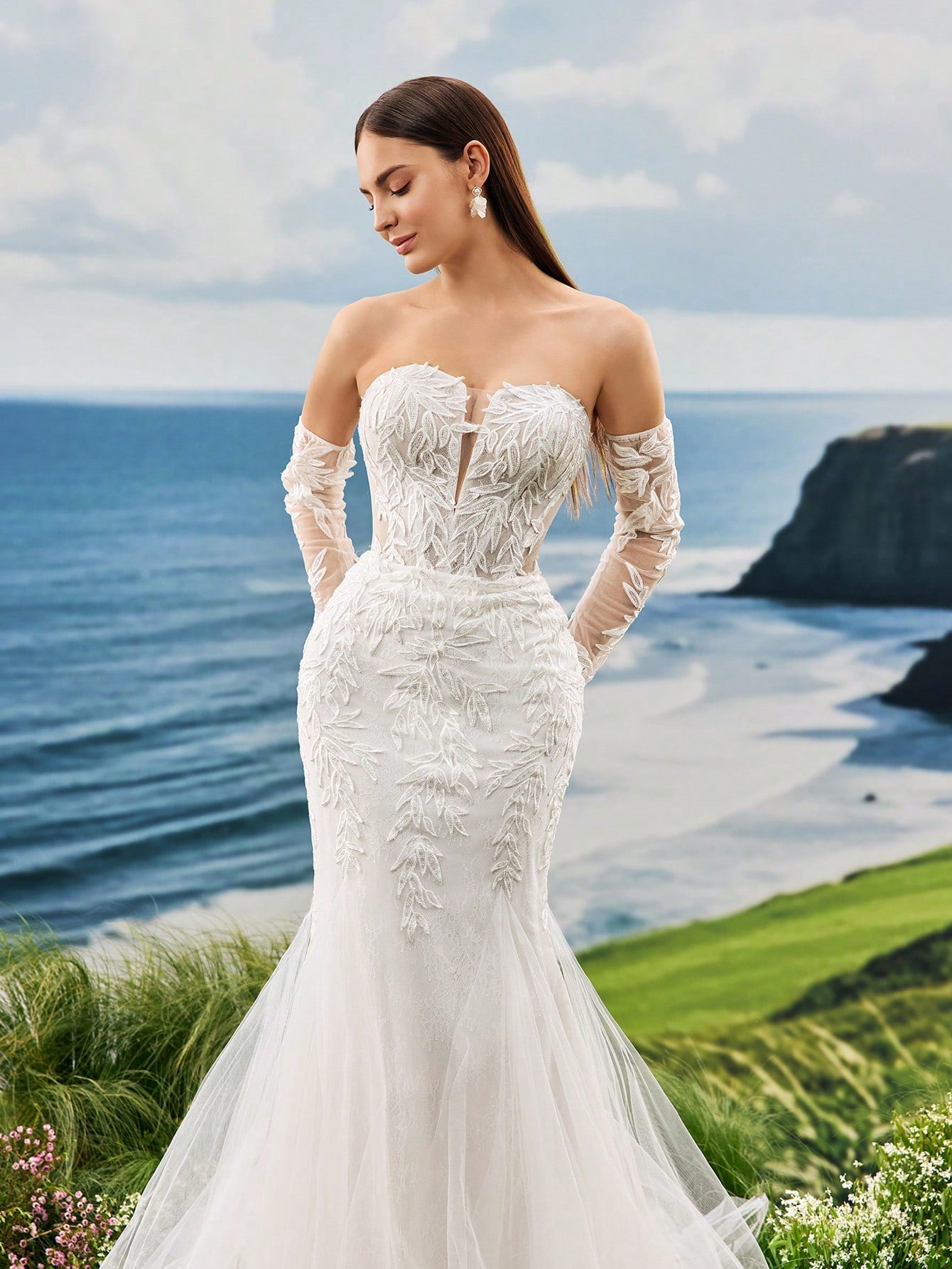 Elasola Strapless Small High-End Pearl Embroidered Lace Mermaid Trailing Long Sleeved Wedding Dress Gorgeous - image 6