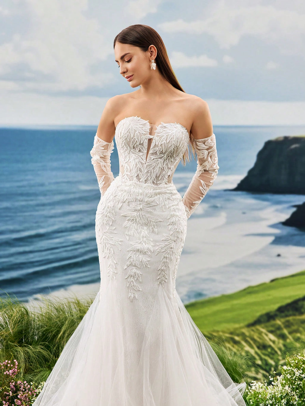 Strapless Small High-End Pearl Embroidered Lace Mermaid Trailing Long Sleeved Wedding Dress Gorgeous Romantic - image 6