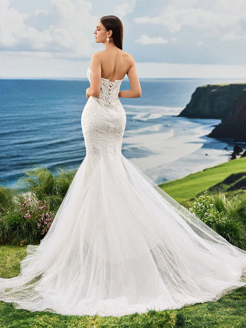 Strapless Small High-End Pearl Embroidered Lace Mermaid Trailing Long Sleeved Wedding Dress Gorgeous Romantic - image 2