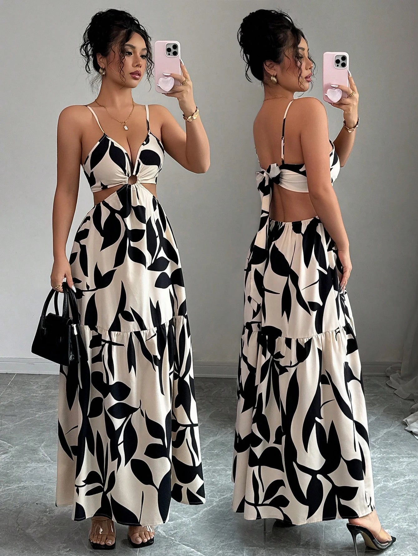 Elenzga Women's Summer New Spaghetti Strap Cinched Waist Dye Print Dress (Asymmetric Floral Pattern)