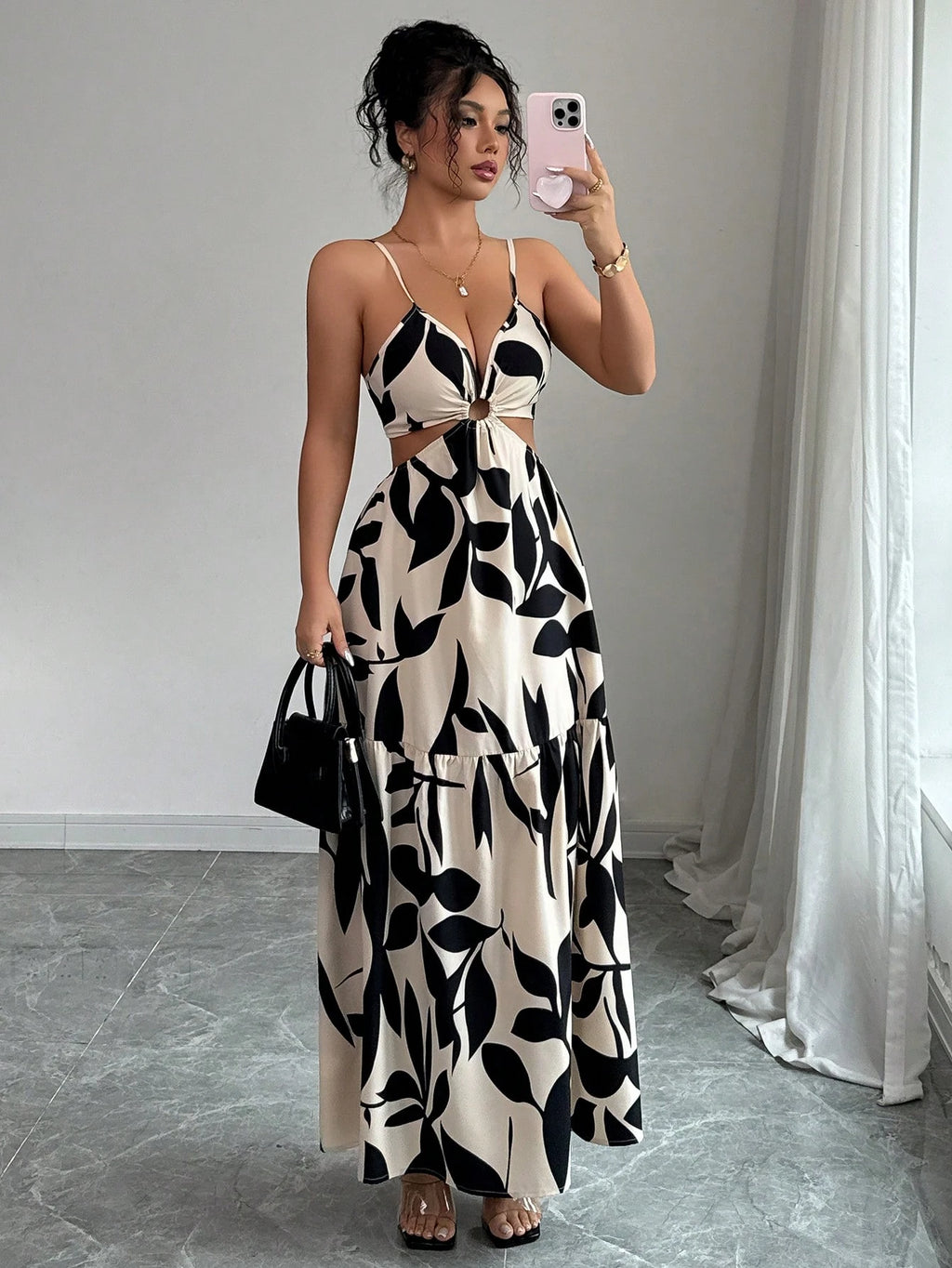 Elenzga Women's Summer New Spaghetti Strap Cinched Waist Dye Print Dress (Asymmetric Floral Pattern) - image 6