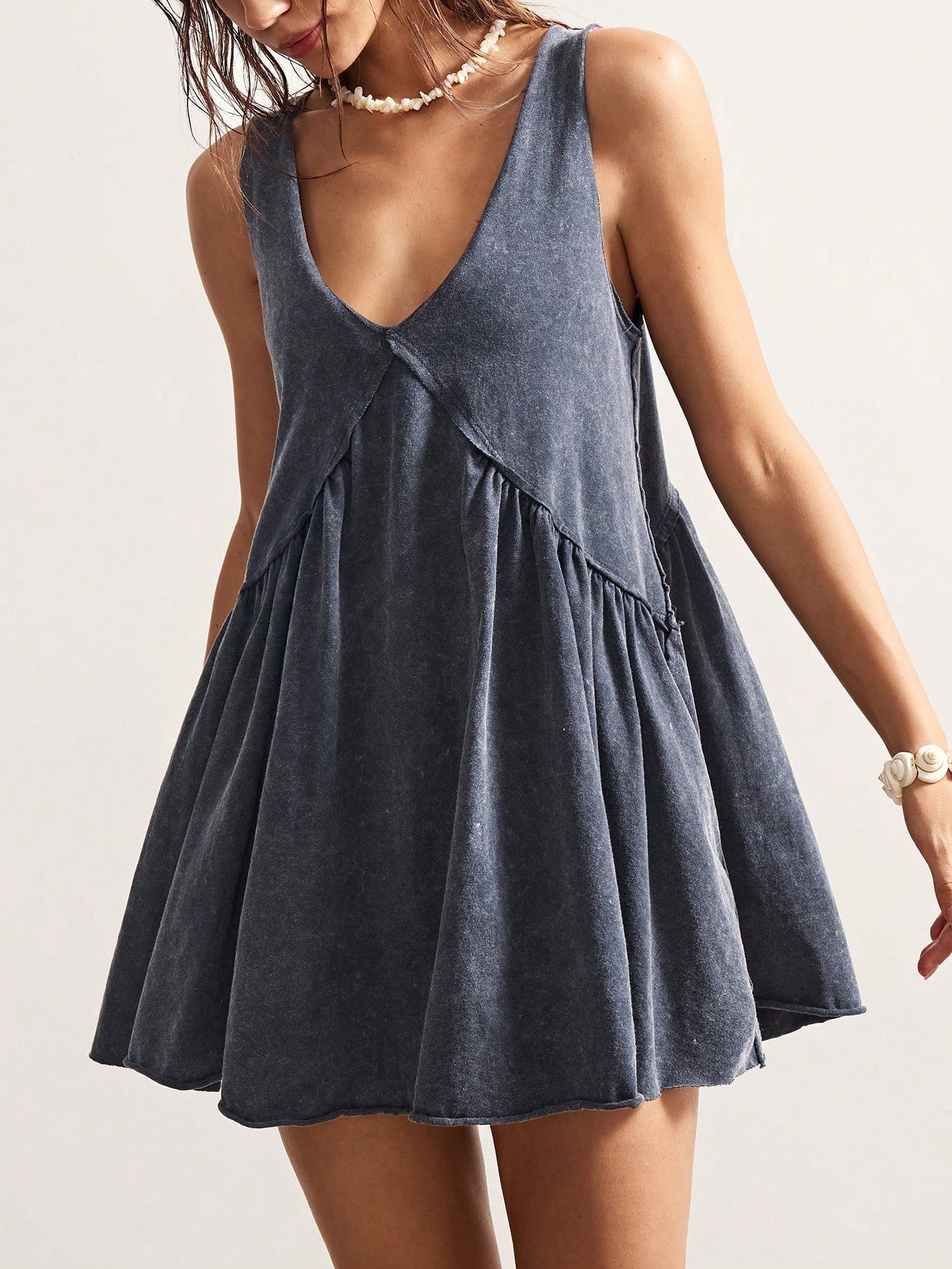 Bohemela Casual Solid Color V-Neck Loose Knit Mini Dress For