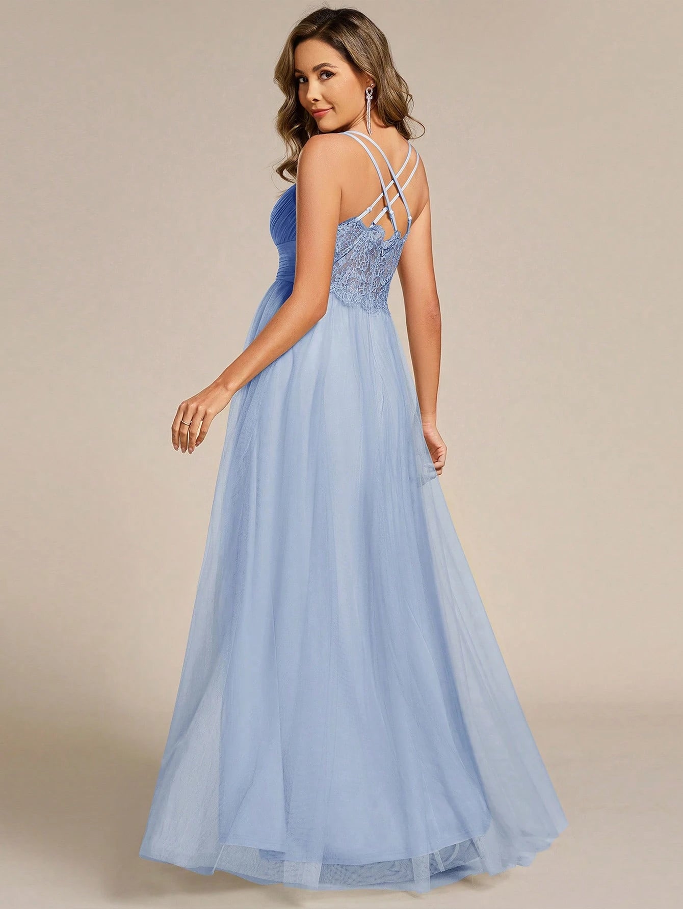 EVERPRETTY Elegant Lace Contrast Mesh Backless Pink Bridesmaid Dress, Suitable For Spring/Summer Weddings, - image 12