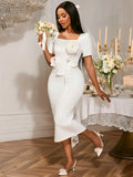 Wedding Bride White Bodycon Dresses Square Collar Short Sleeves 3D Flowers Bridal Shower Wedding