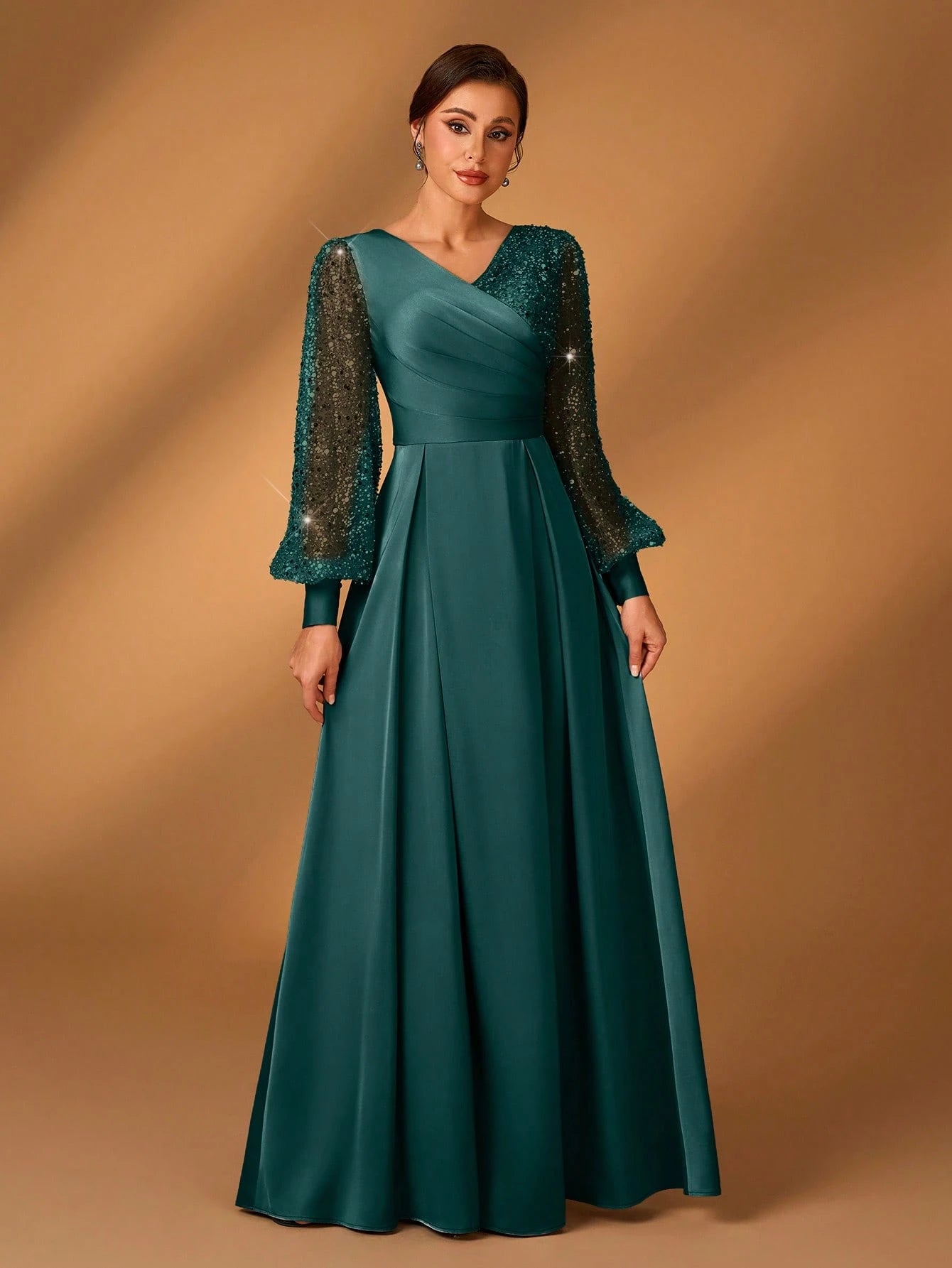 Serin Women's Navy Blue Winter Formal Elegant Evening Formal Glitter Sequins & Satin Mixed Lantern Sleeve - image 8