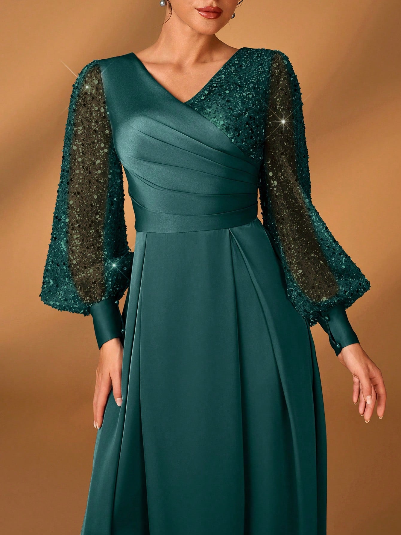 Serin Women's Navy Blue Winter Formal Elegant Evening Formal Glitter Sequins & Satin Mixed Lantern Sleeve - image 9