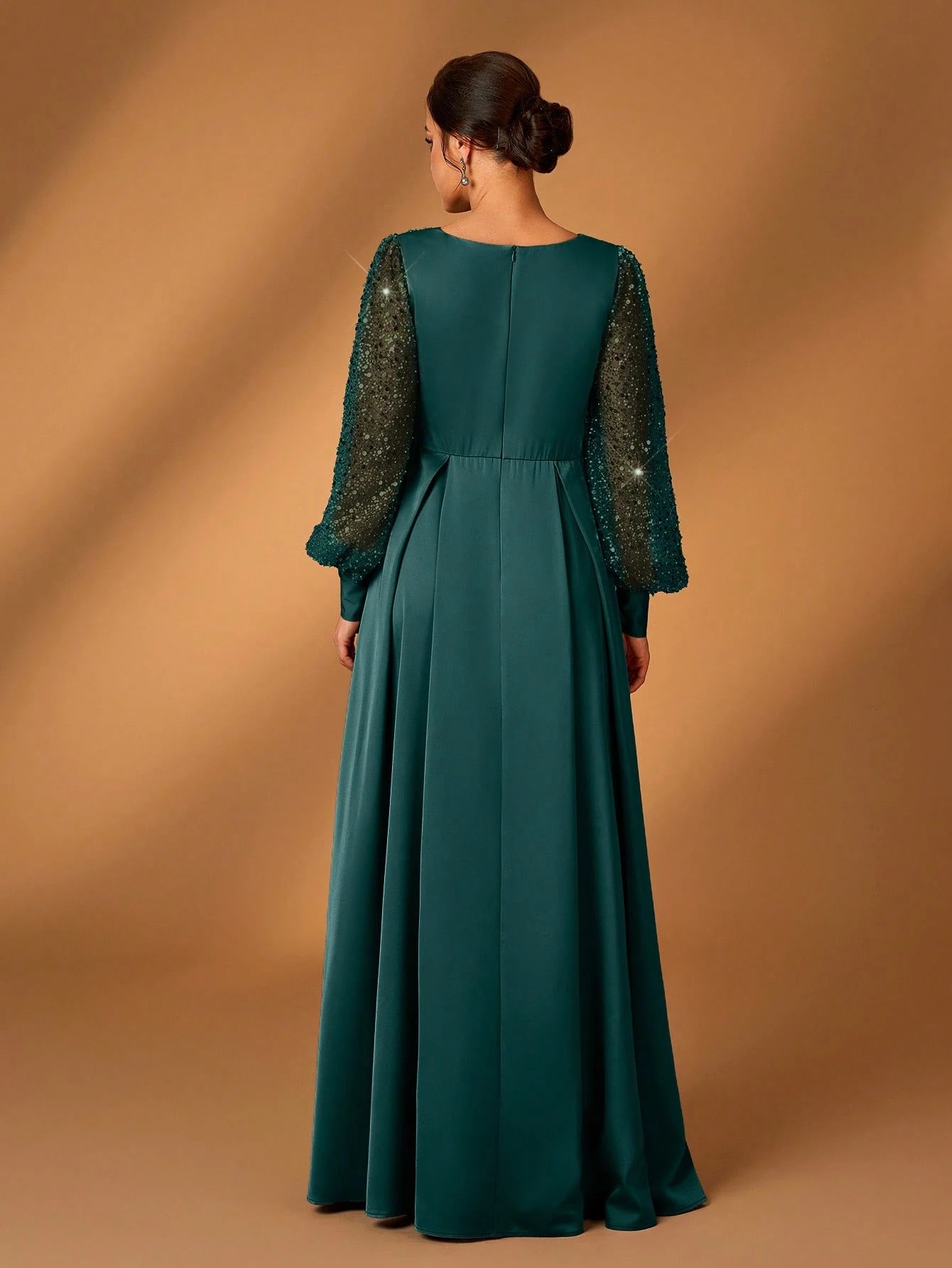 Serin Women's Navy Blue Winter Formal Elegant Evening Formal Glitter Sequins & Satin Mixed Lantern Sleeve - image 10