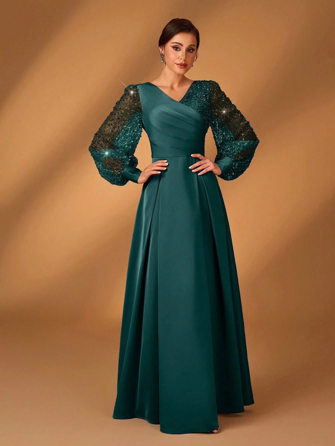 Serin Women's Navy Blue Winter Formal Elegant Evening Formal Glitter Sequins & Satin Mixed Lantern Sleeve - image 11